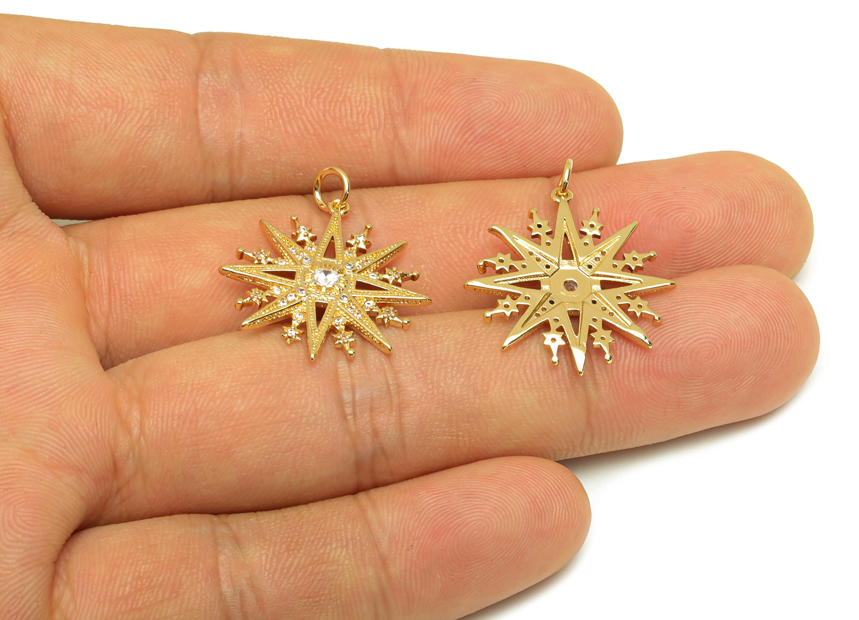 Brass Star Earring Charms - Gold Cubic Zircon Star Pendant - Textured CZ Star Charms - 18K Real Gold Plating - 27.4x20.9x3.08mm - RGP7669 - DOMEDBAZAAR