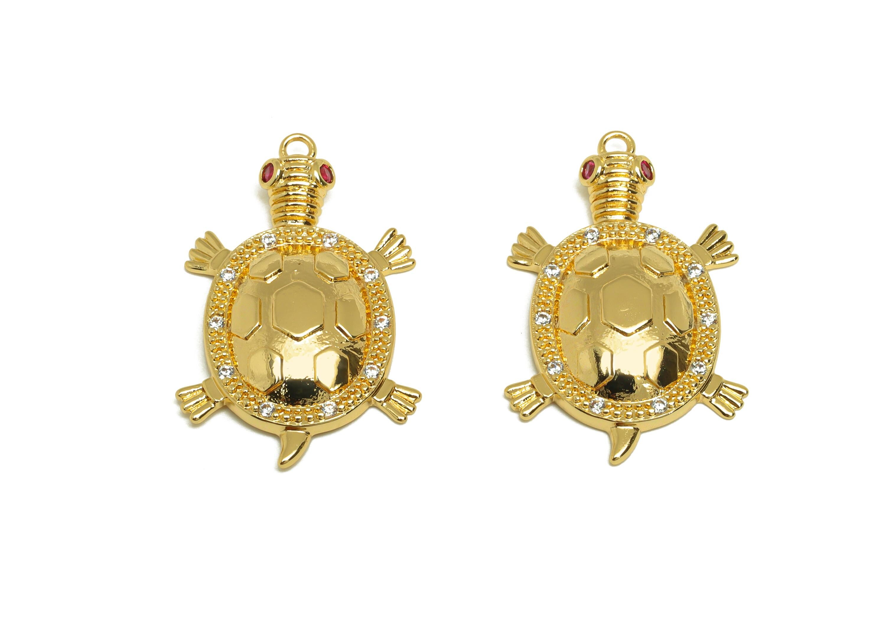 Brass Tortoise Zircon Charm - Gold Animal Tortoise Pendant - CZ Tortoise Earring Charm - 18K Real Gold Plating - 29x18.43x3.4mm - RGP7675 - DOMEDBAZAAR