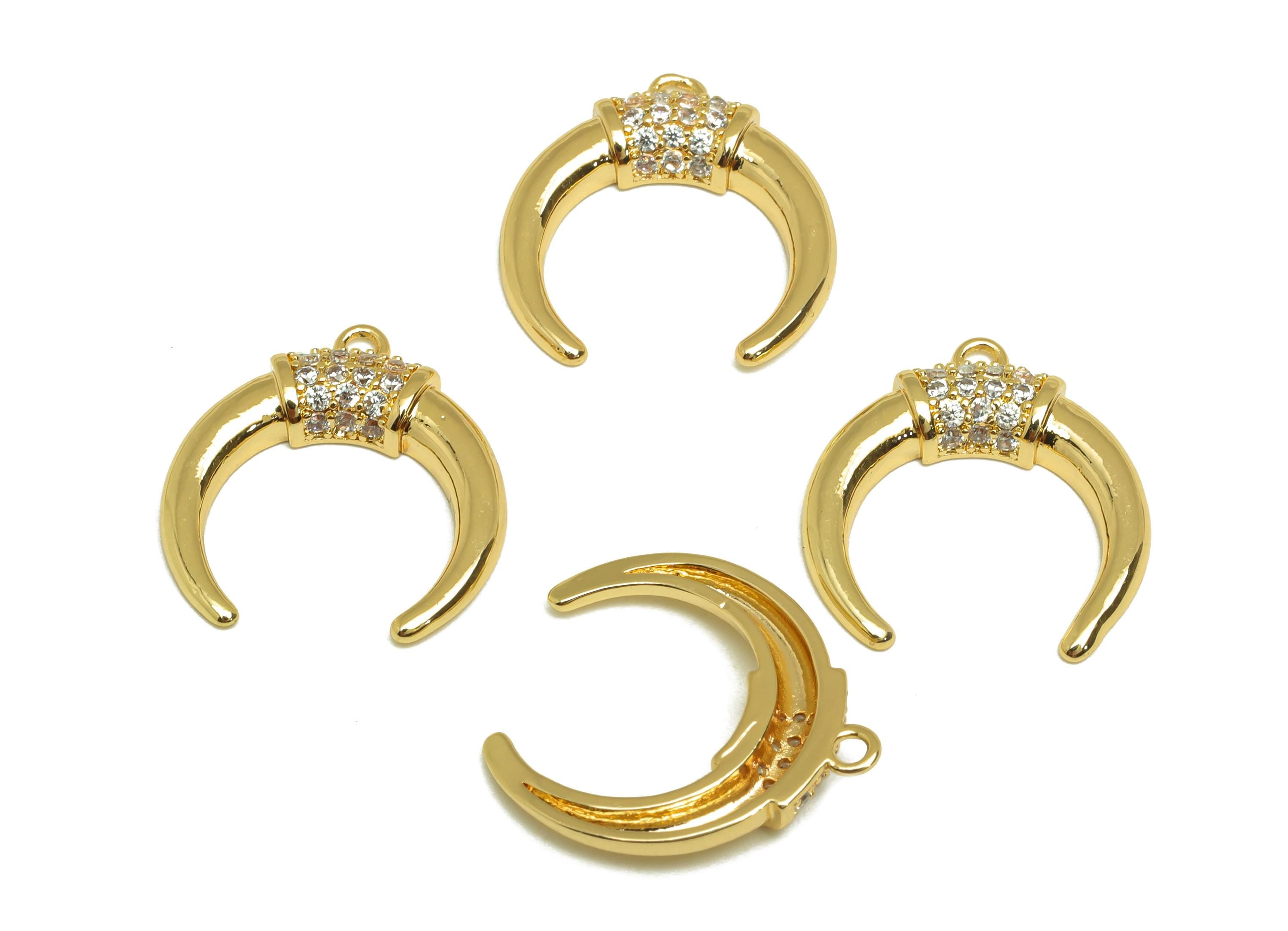 Brass Horn Earring Charms - Gold Zircon Moon Pendant - Cubic Zircon Moon Horn Charms - 18K Real Gold Plated - 19.4x17.7x3.24mm - RGP7680 - DOMEDBAZAAR