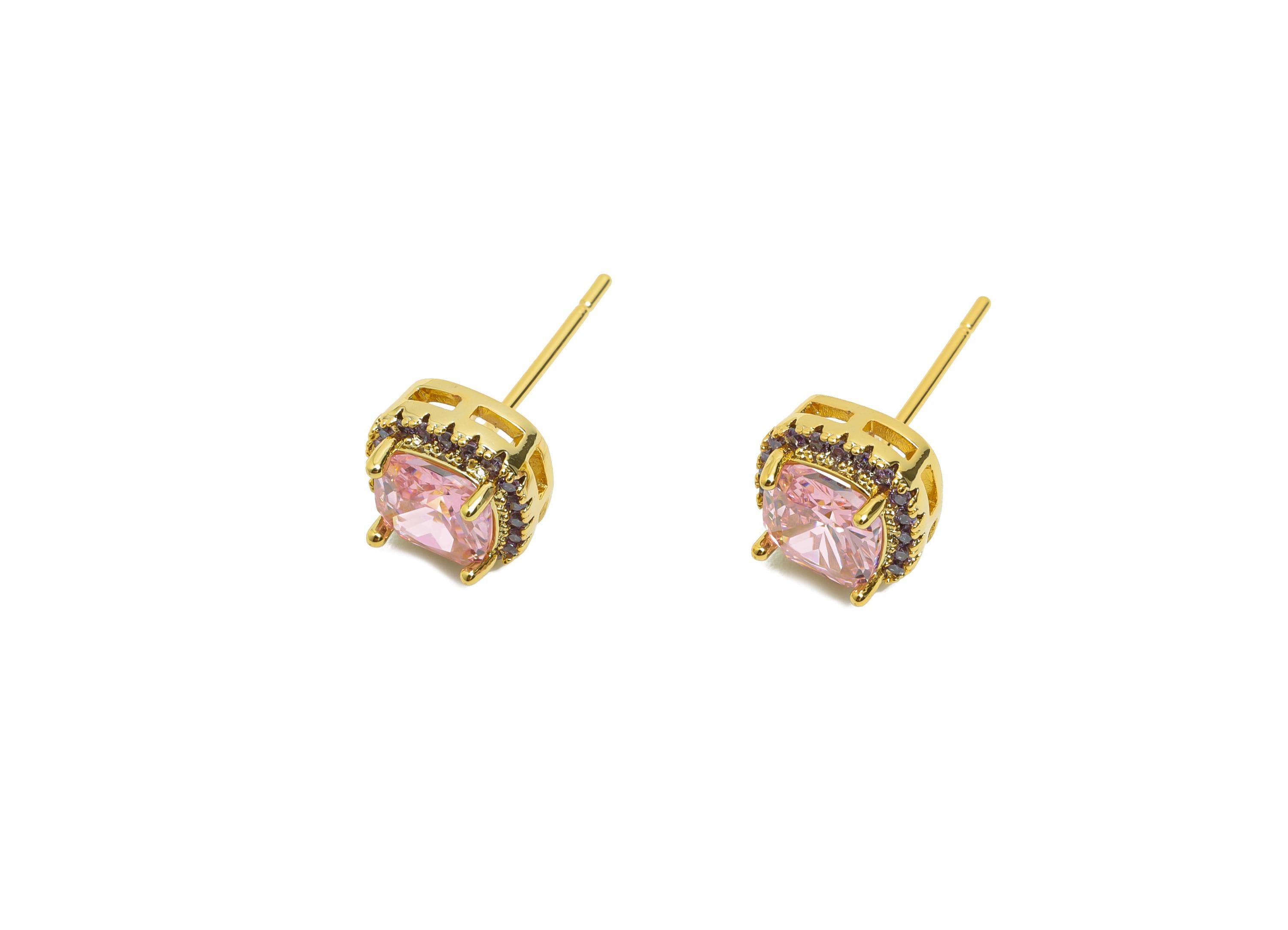 Brass Square Earring Post - Brass Zircon Earring Stud - Rainbow CZ Earring Stud - Gold Jewelry - 18K Real Gold Plating - 17x8x5mm - RGP8398R - DOMEDBAZAAR