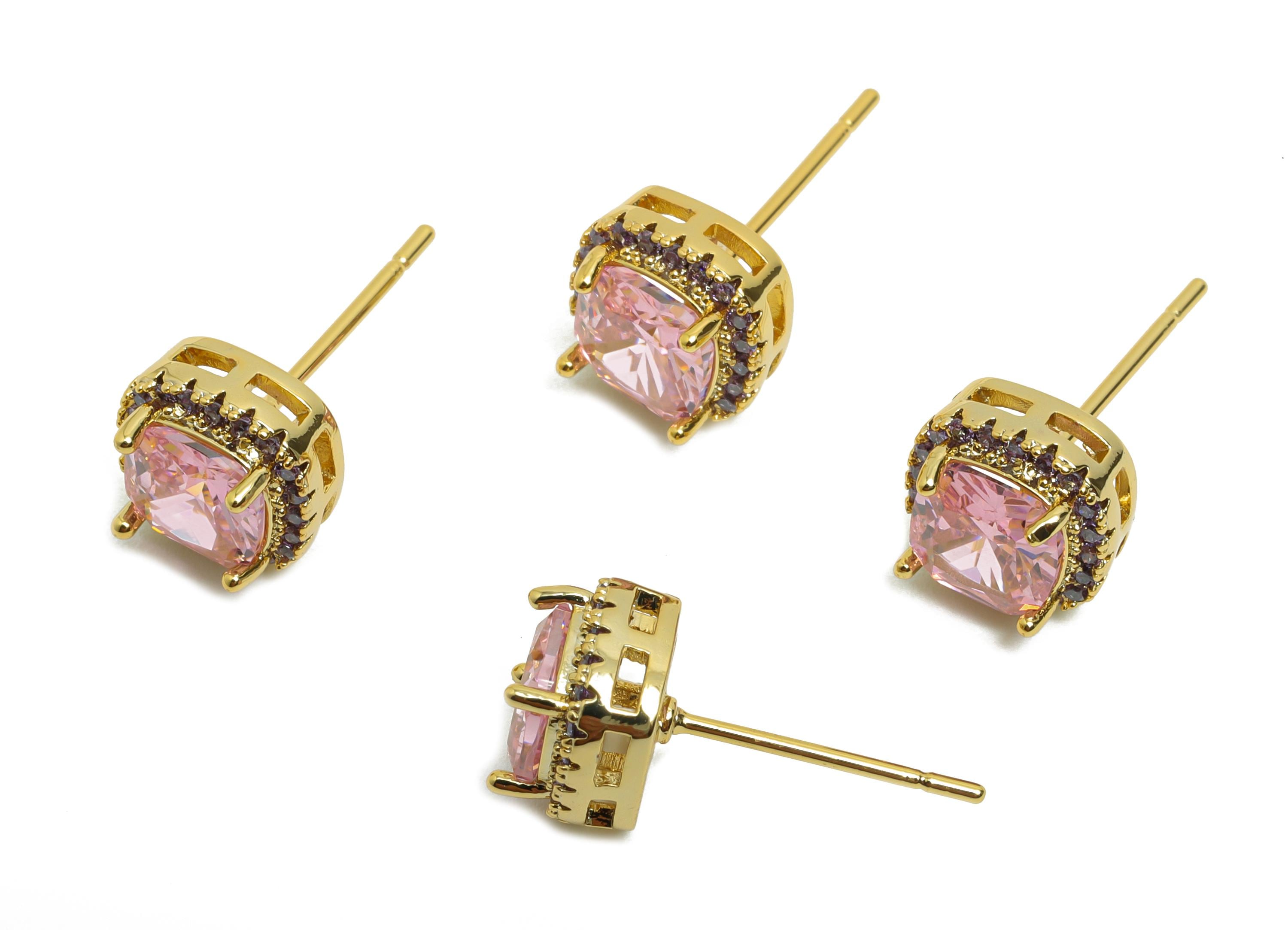 Brass Square Earring Post - Brass Zircon Earring Stud - Rainbow CZ Earring Stud - Gold Jewelry - 18K Real Gold Plating - 17x8x5mm - RGP8398R - DOMEDBAZAAR