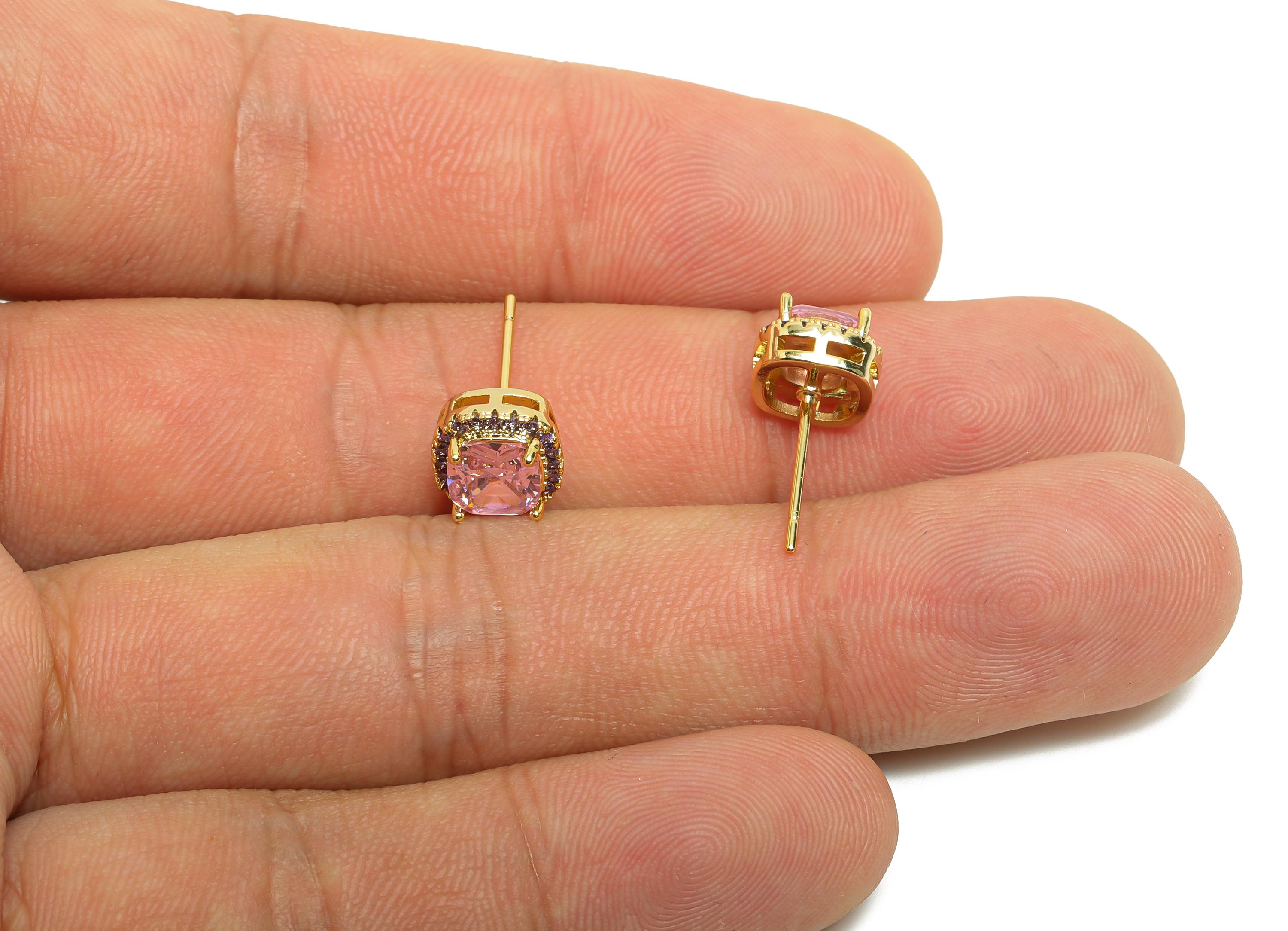 Brass Square Earring Post - Brass Zircon Earring Stud - Rainbow CZ Earring Stud - Gold Jewelry - 18K Real Gold Plating - 17x8x5mm - RGP8398R - DOMEDBAZAAR