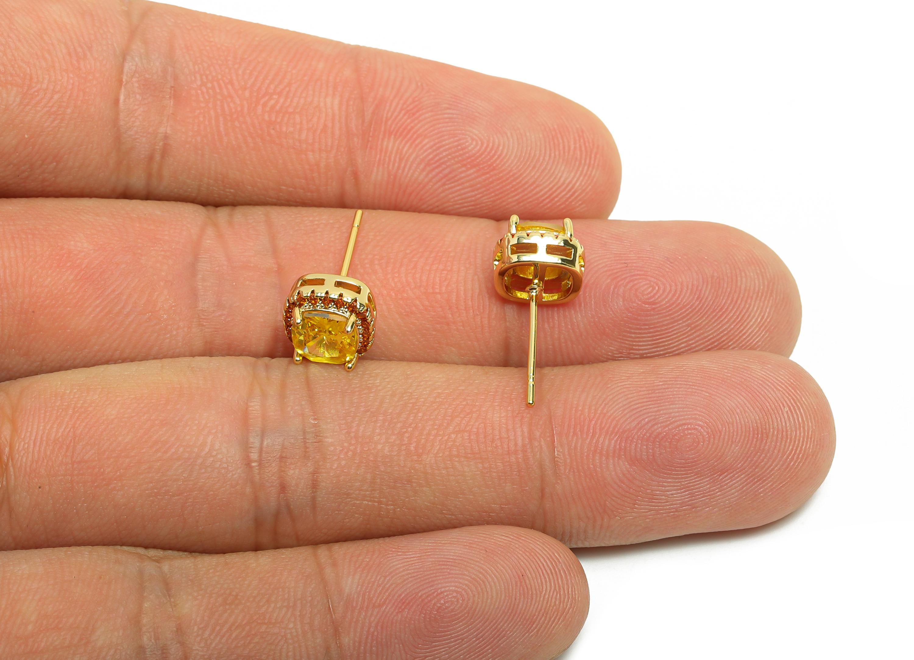 Brass Square Earring Post - Brass Zircon Earring Stud -  Golden CZ Earring Stud - Gold Jewelry - 18K Real Gold Plating - 17x8x5mm - RGP8398D - DOMEDBAZAAR