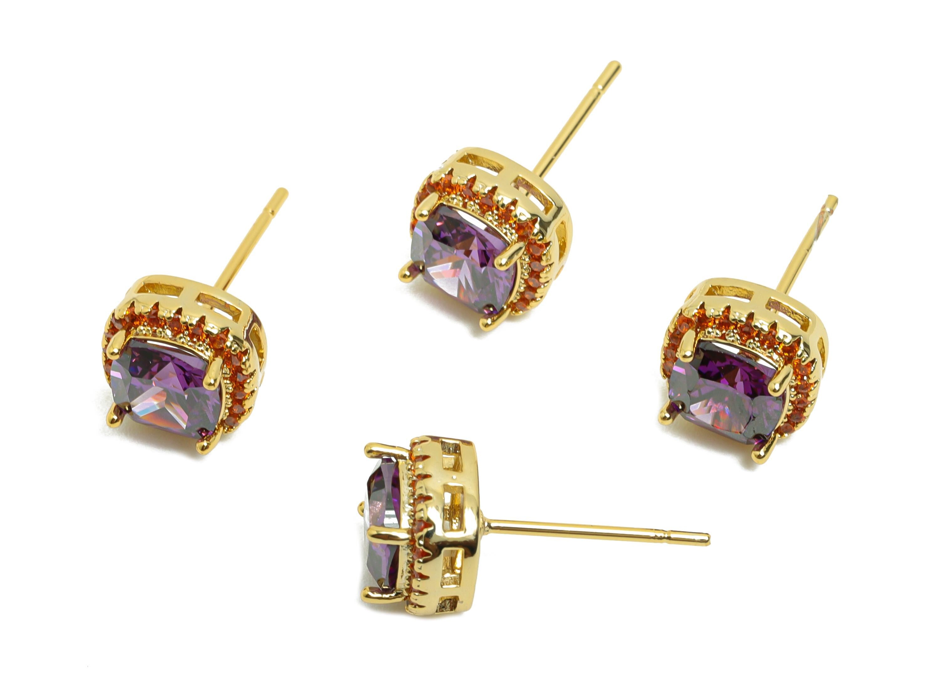 Brass Square Earring Post - Brass Zircon Earring Stud - Purple CZ Earring Stud - Gold Jewelry - 18K Real Gold Plating - 17x8x5mm - RGP8398B - DOMEDBAZAAR