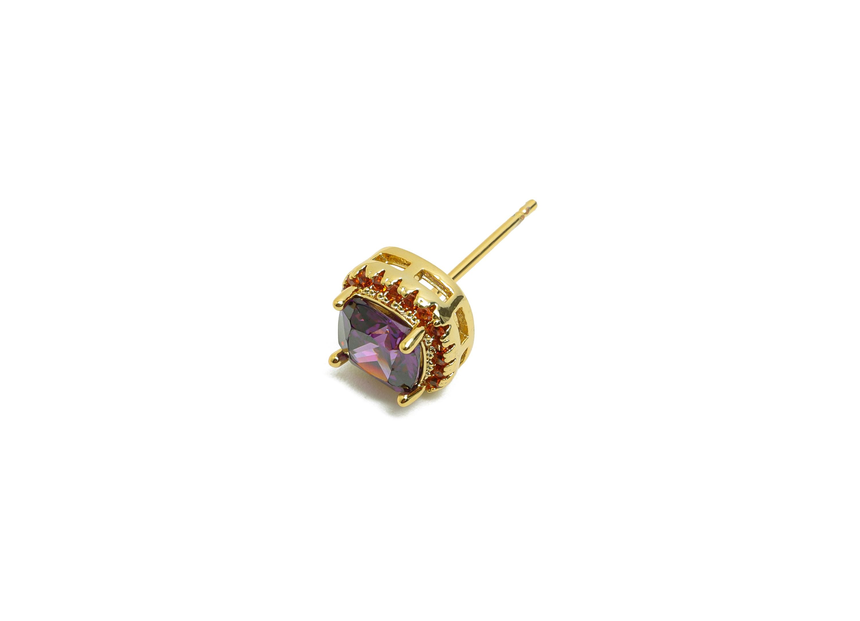 Brass Square Earring Post - Brass Zircon Earring Stud - Purple CZ Earring Stud - Gold Jewelry - 18K Real Gold Plating - 17x8x5mm - RGP8398B - DOMEDBAZAAR