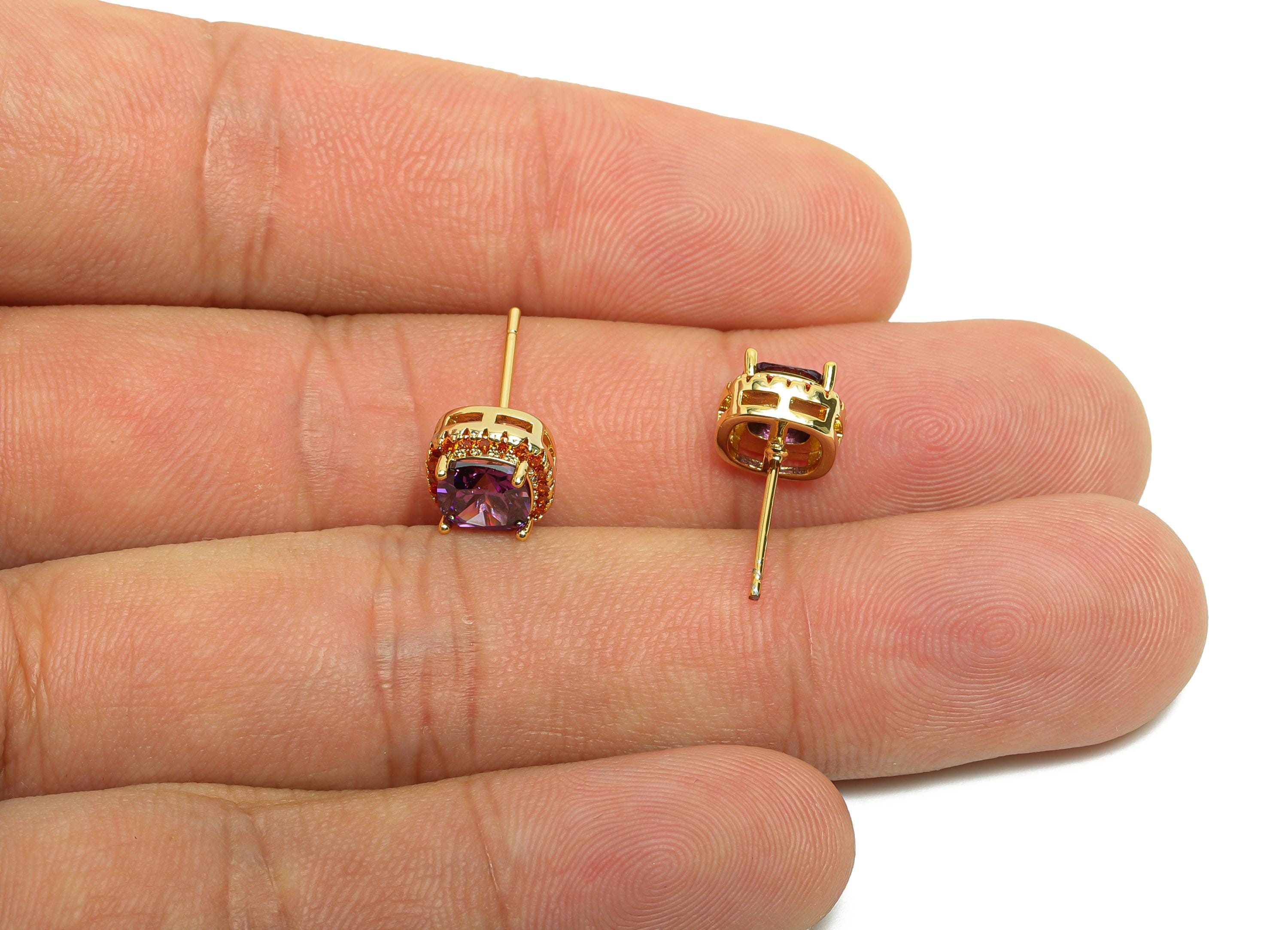 Brass Square Earring Post - Brass Zircon Earring Stud - Purple CZ Earring Stud - Gold Jewelry - 18K Real Gold Plating - 17x8x5mm - RGP8398B - DOMEDBAZAAR