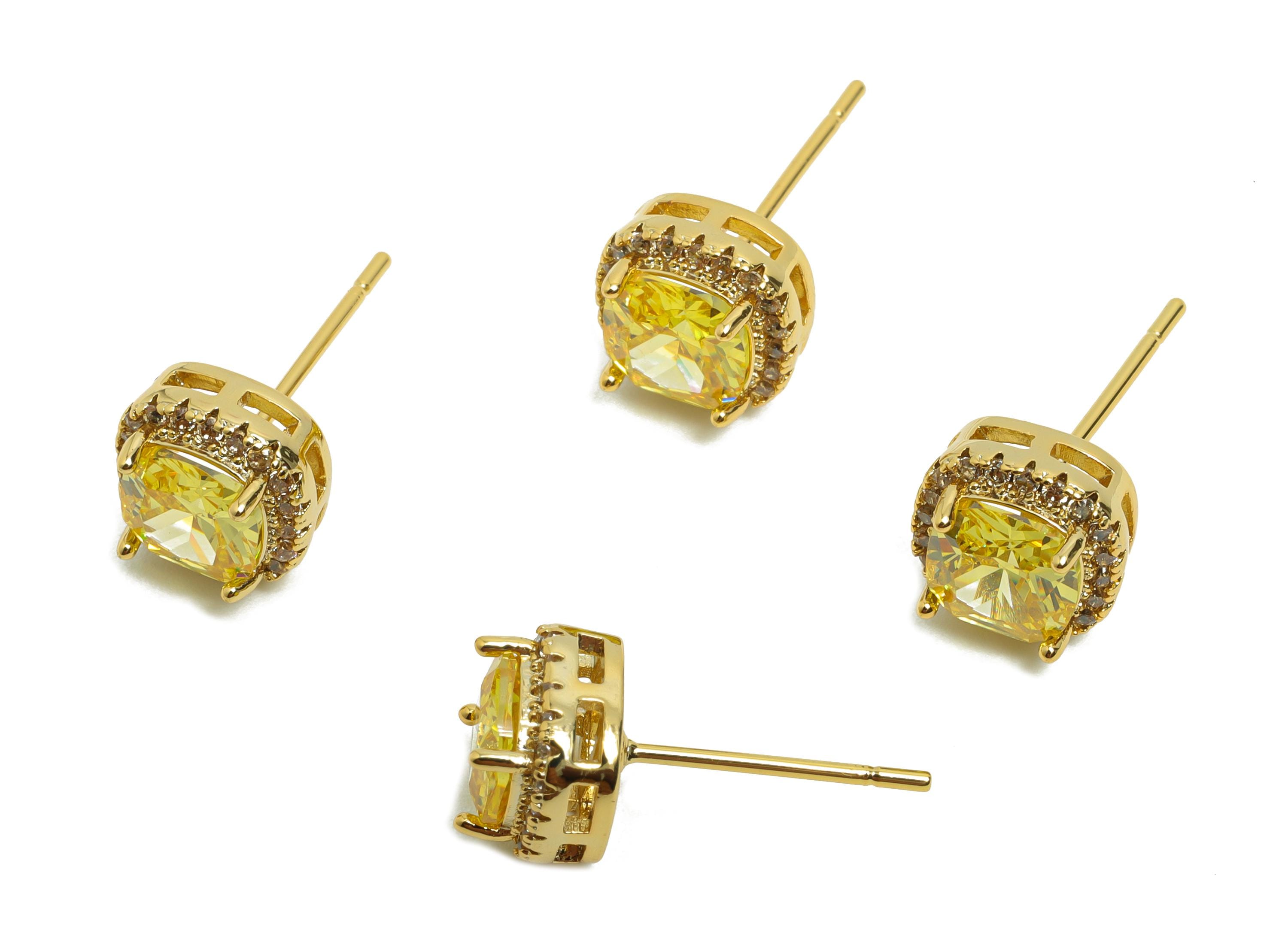 Brass Square Earring Post - Brass Zircon Earring Stud -  Golden CZ Earring Stud - Gold Jewelry - 18K Real Gold Plating - 17x8x5mm - RGP8398P - DOMEDBAZAAR