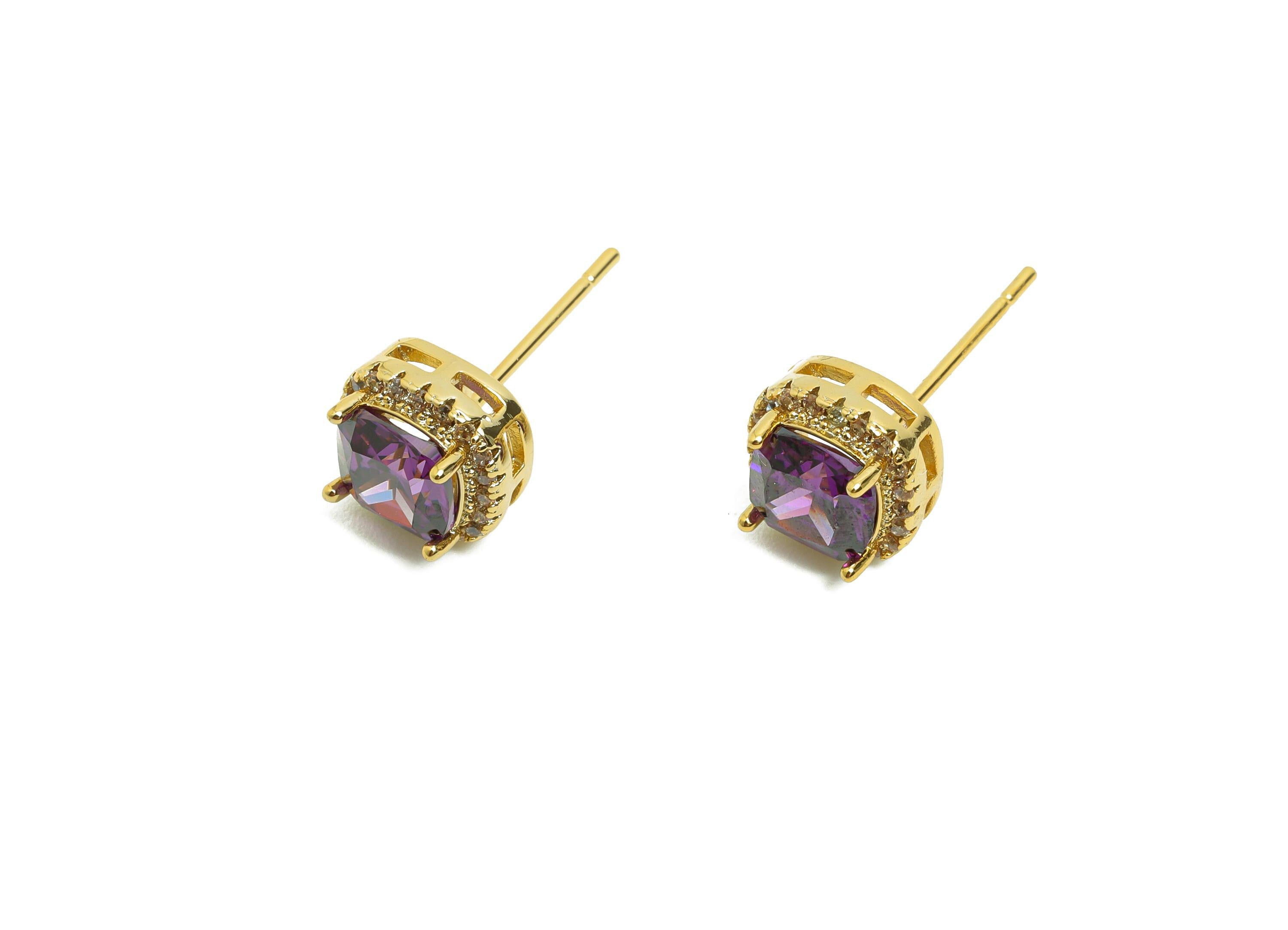 Brass Square Earring Post - Brass Zircon Earring Stud - Purple CZ Earring Stud - Gold Jewelry - 18K Real Gold Plating - 17x8x5mm - RGP8398T - DOMEDBAZAAR