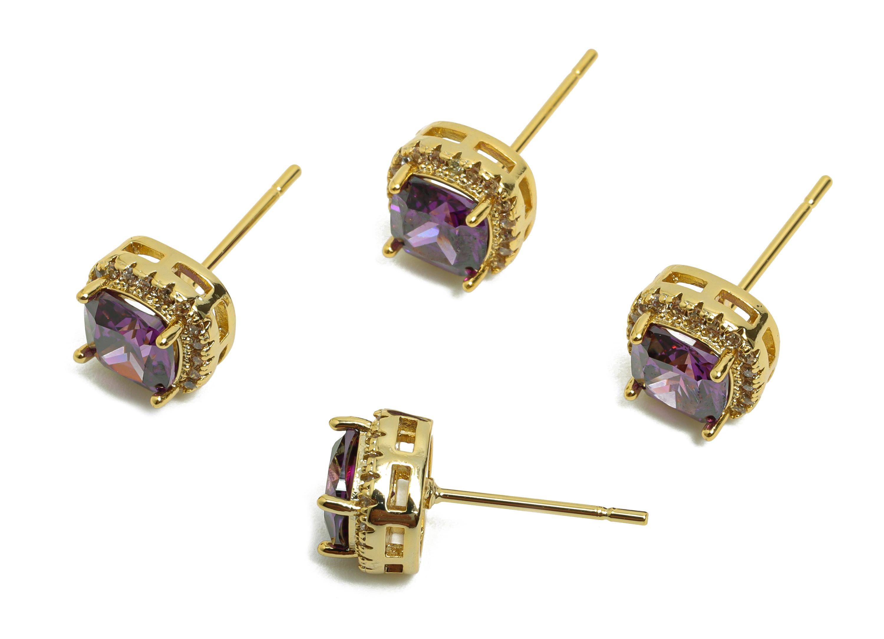 Brass Square Earring Post - Brass Zircon Earring Stud - Purple CZ Earring Stud - Gold Jewelry - 18K Real Gold Plating - 17x8x5mm - RGP8398T - DOMEDBAZAAR