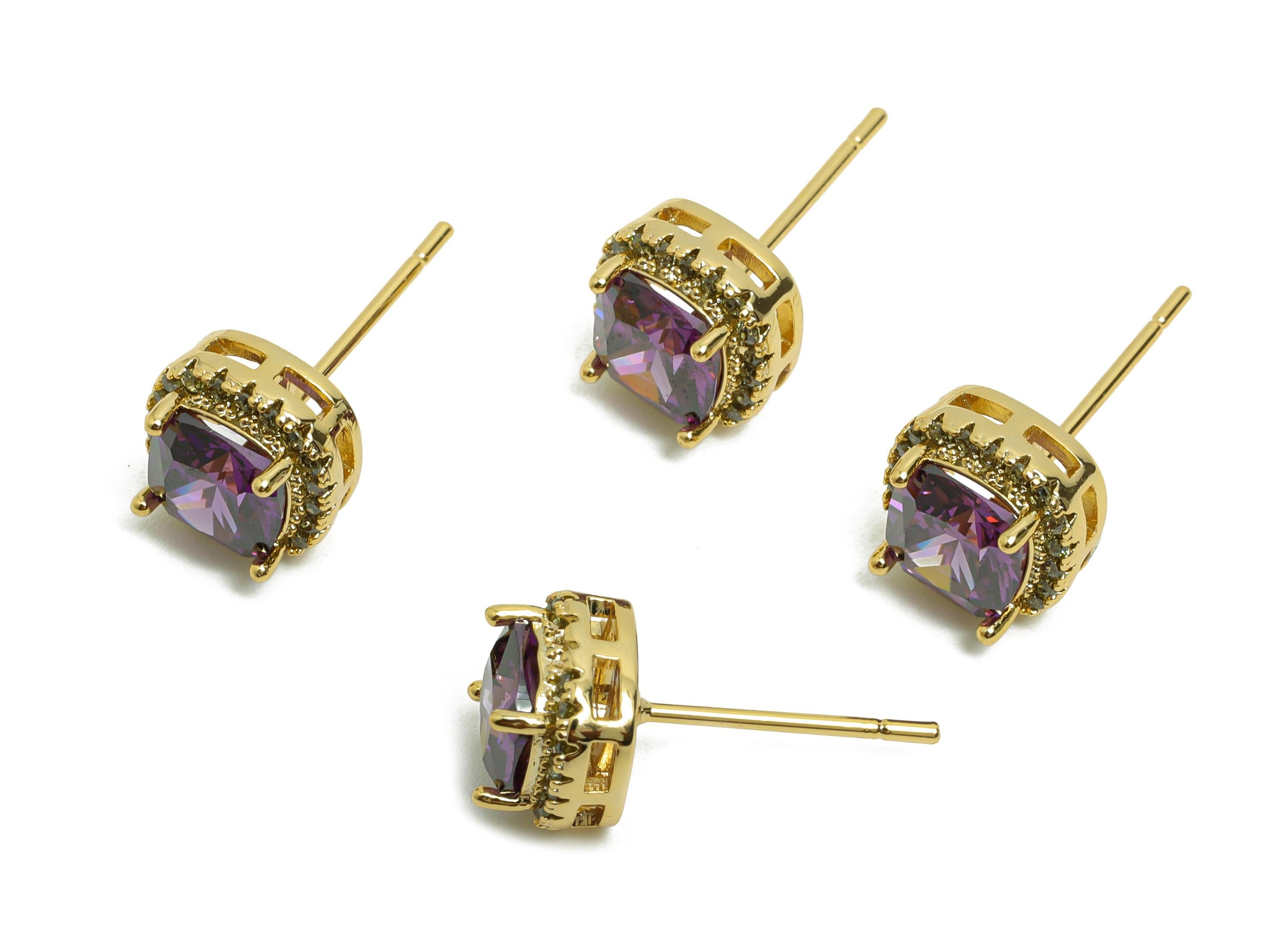 Brass Square Earring Post - Brass Zircon Earring Stud - Purple CZ Earring Stud - Gold Jewelry - 18K Real Gold Plating - 17x8x5mm - RGP8398N - DOMEDBAZAAR