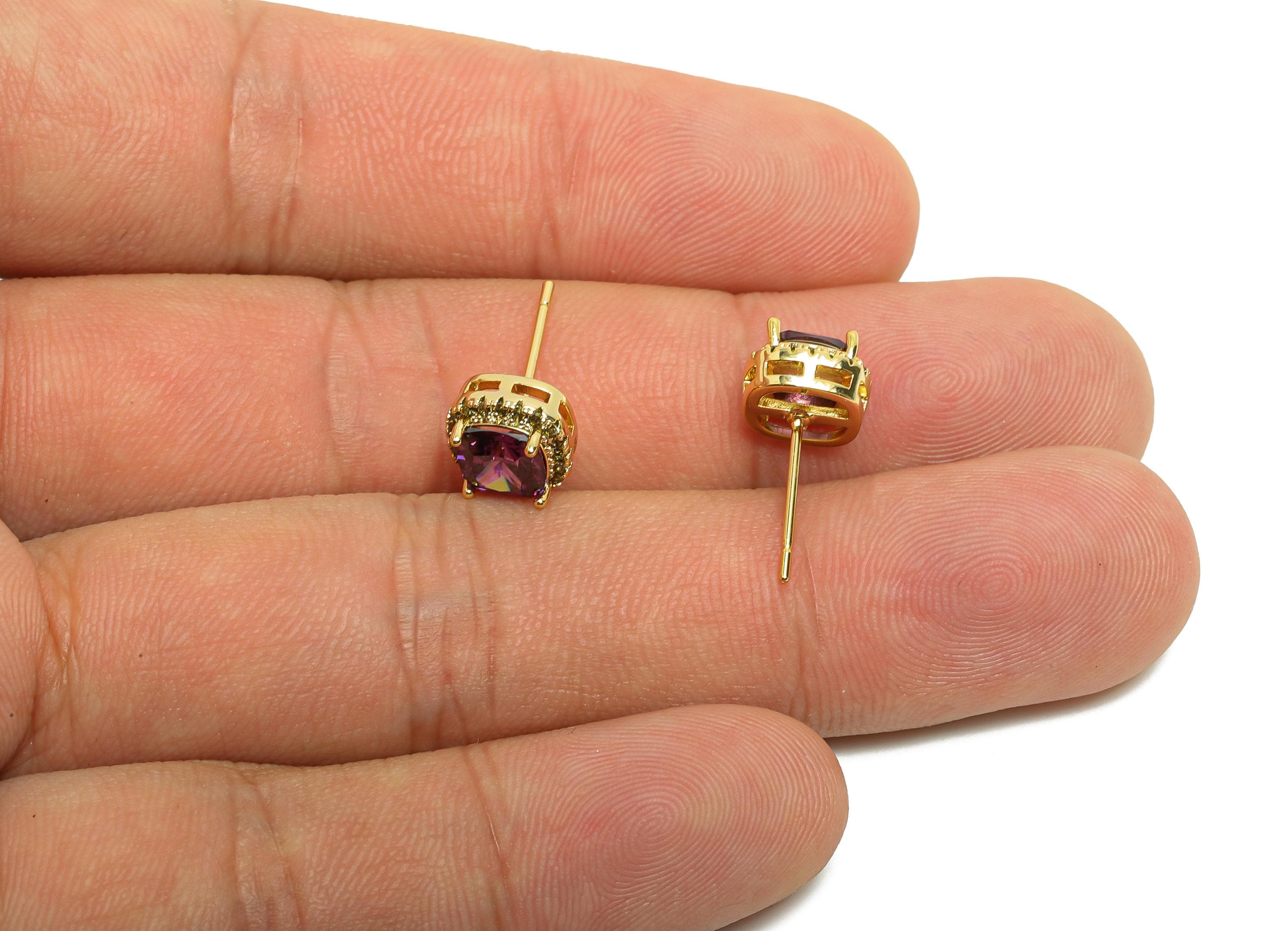 Brass Square Earring Post - Brass Zircon Earring Stud - Purple CZ Earring Stud - Gold Jewelry - 18K Real Gold Plating - 17x8x5mm - RGP8398N - DOMEDBAZAAR