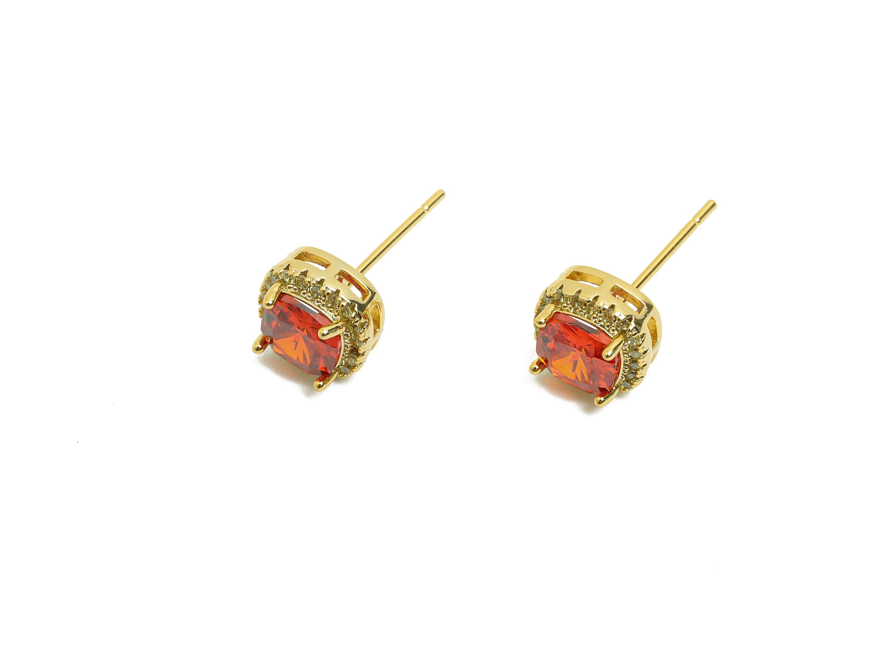Brass Square Earring Post - Brass Zircon Earring Stud - Red CZ Earring Stud - Gold Jewelry - 18K Real Gold Plating - 17x8x5mm - RGP8398F - DOMEDBAZAAR