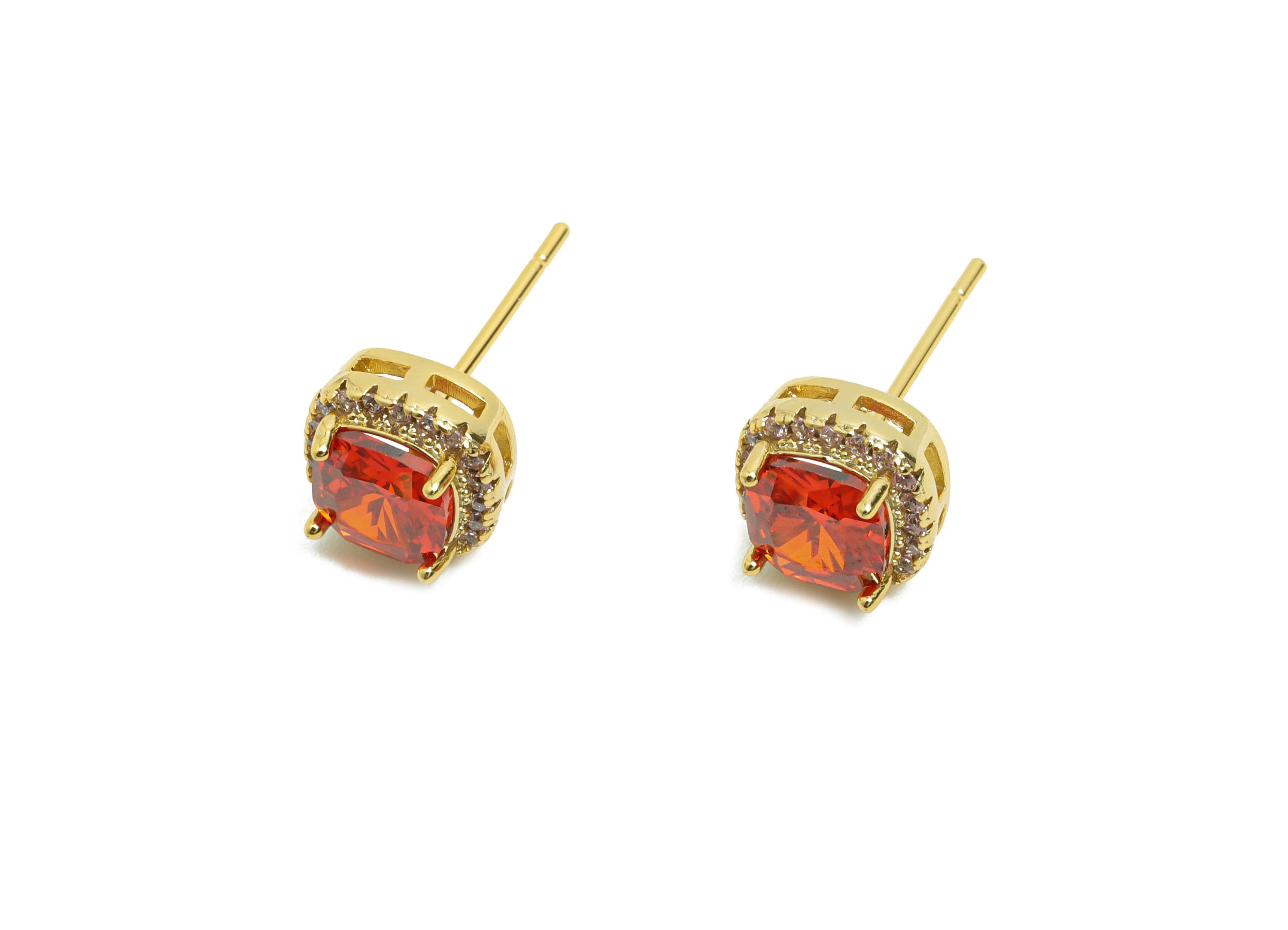 Brass Square Earring Post - Brass Zircon Earring Stud - Red CZ Earring Stud - Gold Jewelry - 18K Real Gold Plating - 17x8x5mm - RGP8398M - DOMEDBAZAAR
