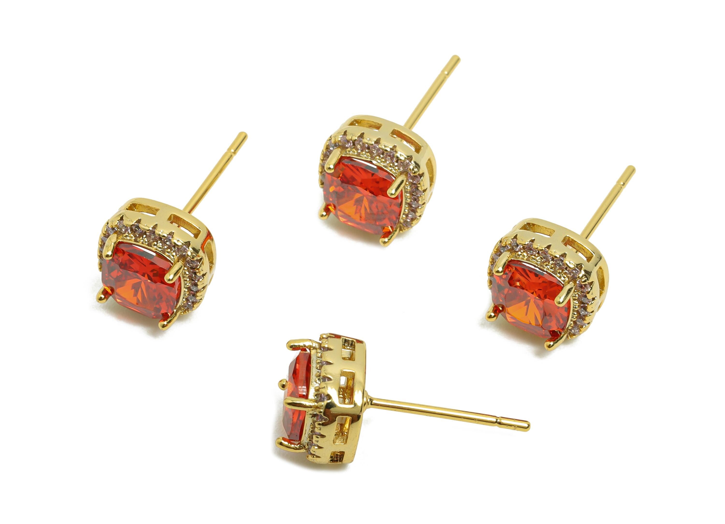 Brass Square Earring Post - Brass Zircon Earring Stud - Red CZ Earring Stud - Gold Jewelry - 18K Real Gold Plating - 17x8x5mm - RGP8398M - DOMEDBAZAAR