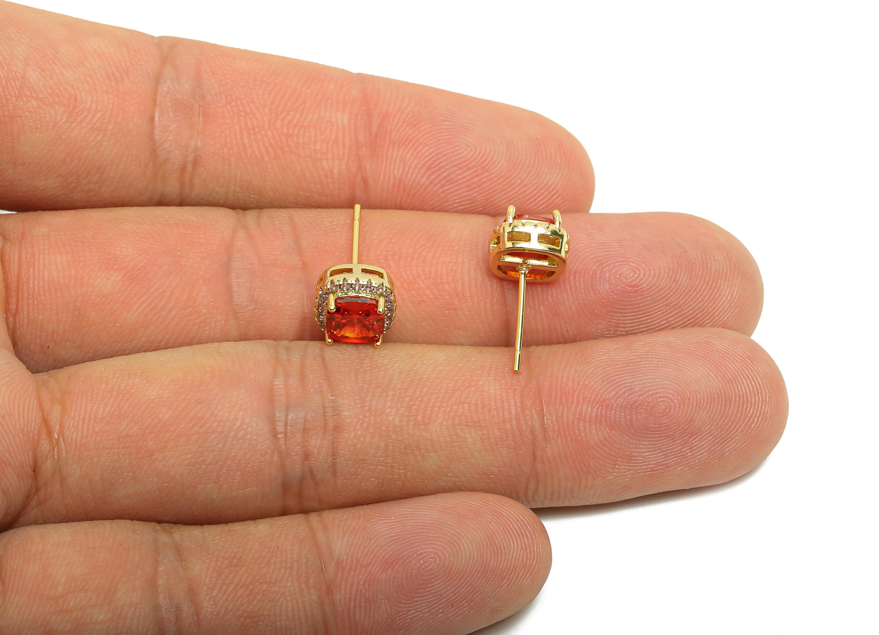 Brass Square Earring Post - Brass Zircon Earring Stud - Red CZ Earring Stud - Gold Jewelry - 18K Real Gold Plating - 17x8x5mm - RGP8398M - DOMEDBAZAAR