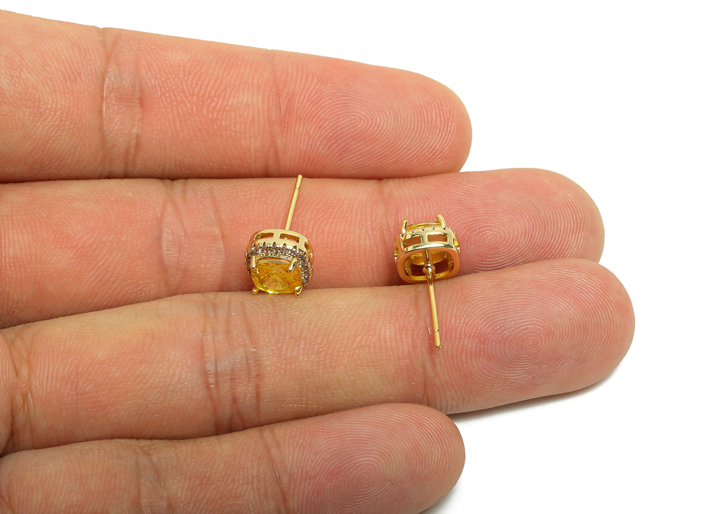 Brass Square Earring Post - Brass Zircon Earring Stud - Golden CZ Earring Stud - Gold Jewelry - 18K Real Gold Plating - 17x8x5mm - RGP8398L - DOMEDBAZAAR