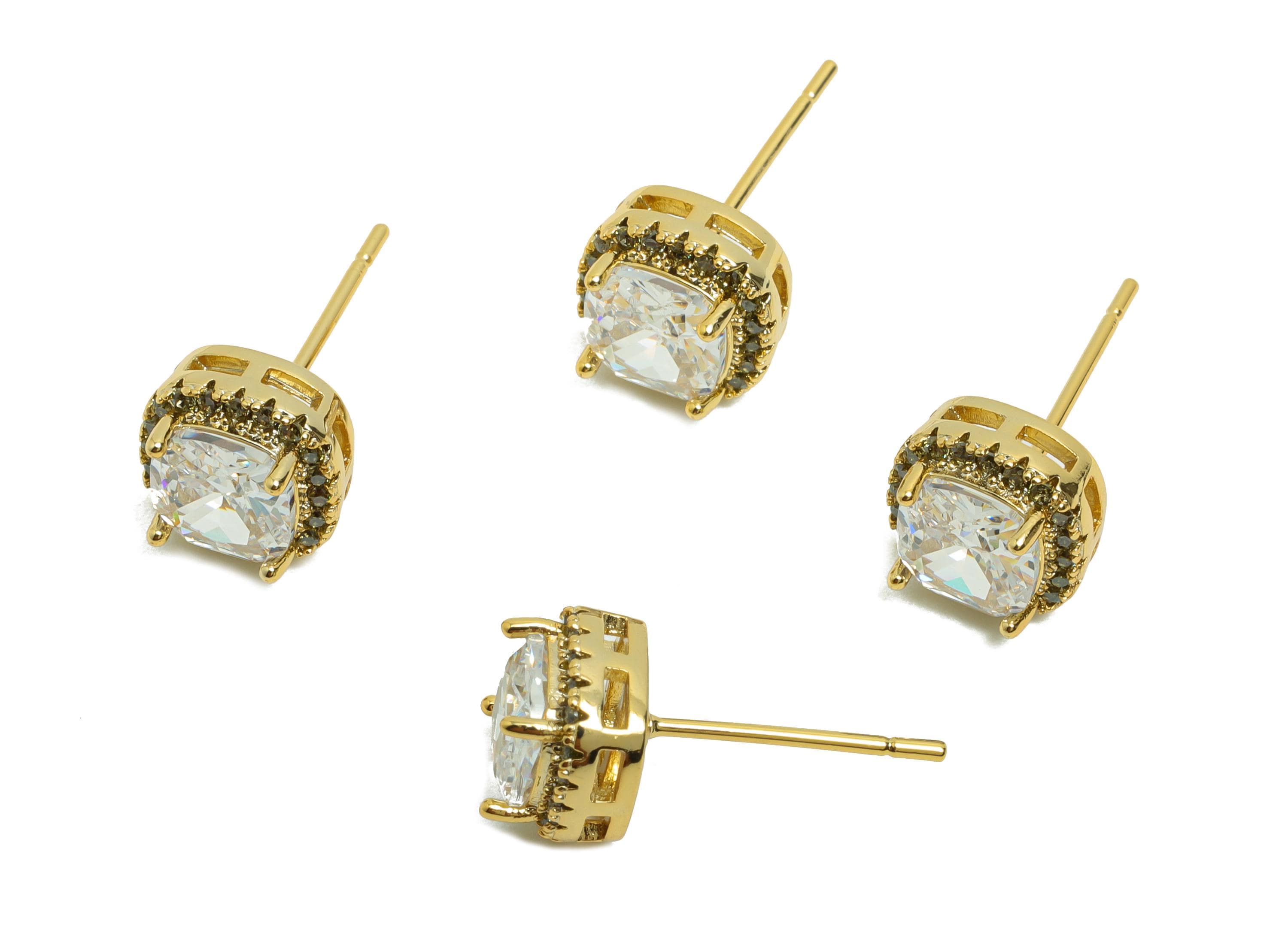 Brass Square Earring Post - Brass Zircon Earring Stud - White CZ Earring Stud - Gold Jewelry - 18K Real Gold Plating - 17x8x5mm - RGP8398J - DOMEDBAZAAR