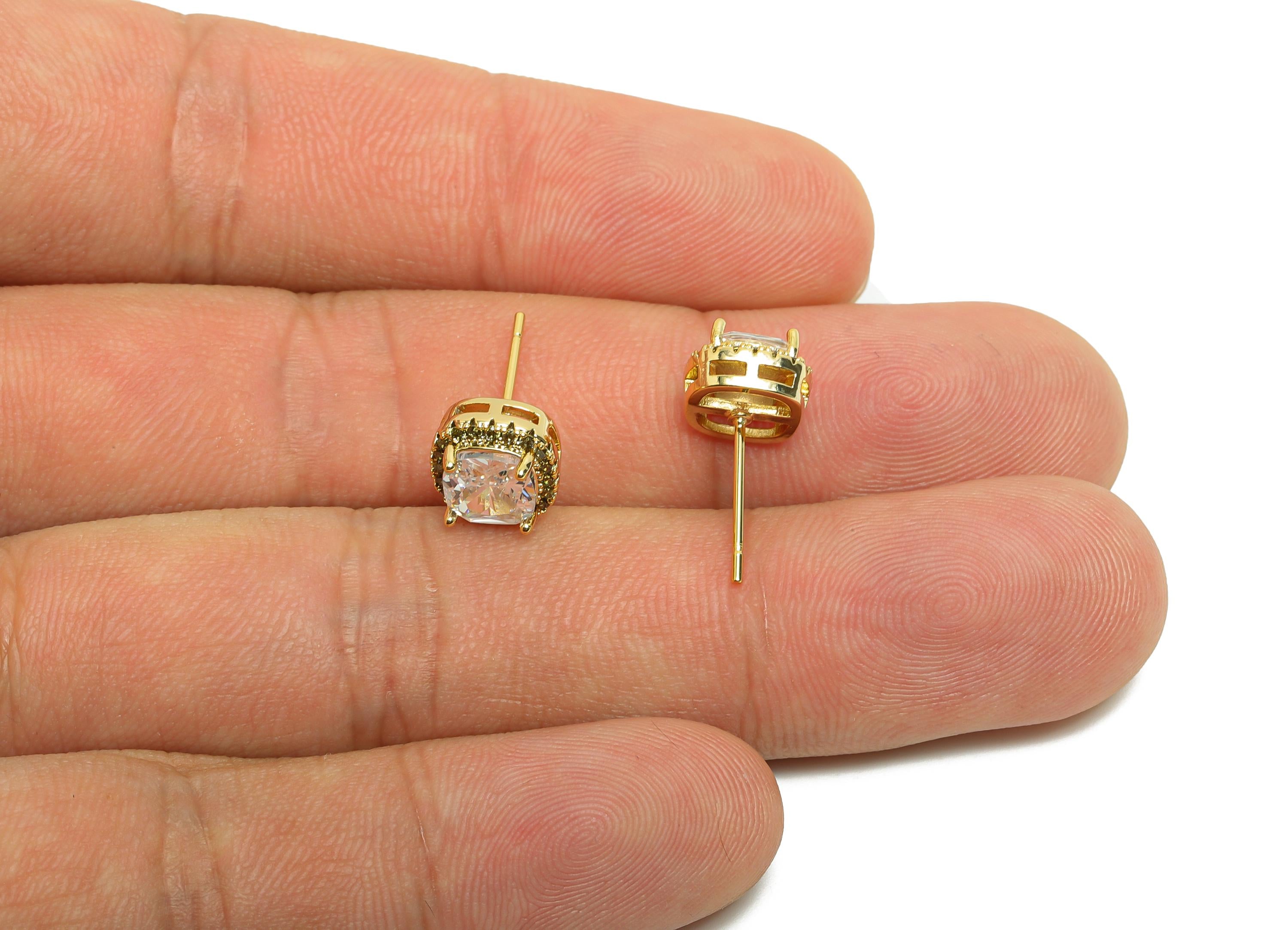 Brass Square Earring Post - Brass Zircon Earring Stud - White CZ Earring Stud - Gold Jewelry - 18K Real Gold Plating - 17x8x5mm - RGP8398J - DOMEDBAZAAR