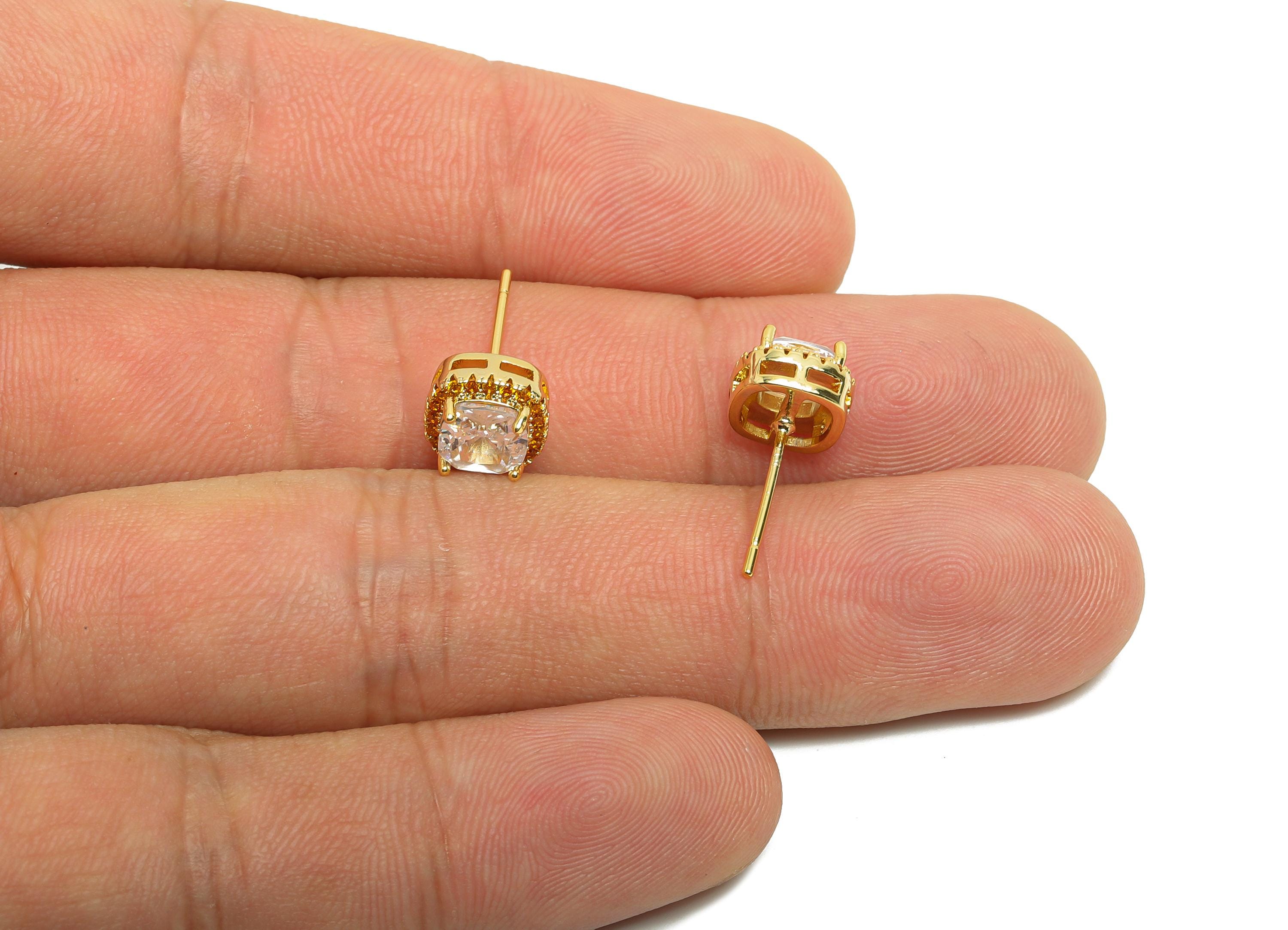 Brass Square Earring Post - Brass Zircon Earring Stud - White CZ Earring Stud - Gold Jewelry - 18K Real Gold Plating - 17x8x5mm - RGP8398A - DOMEDBAZAAR