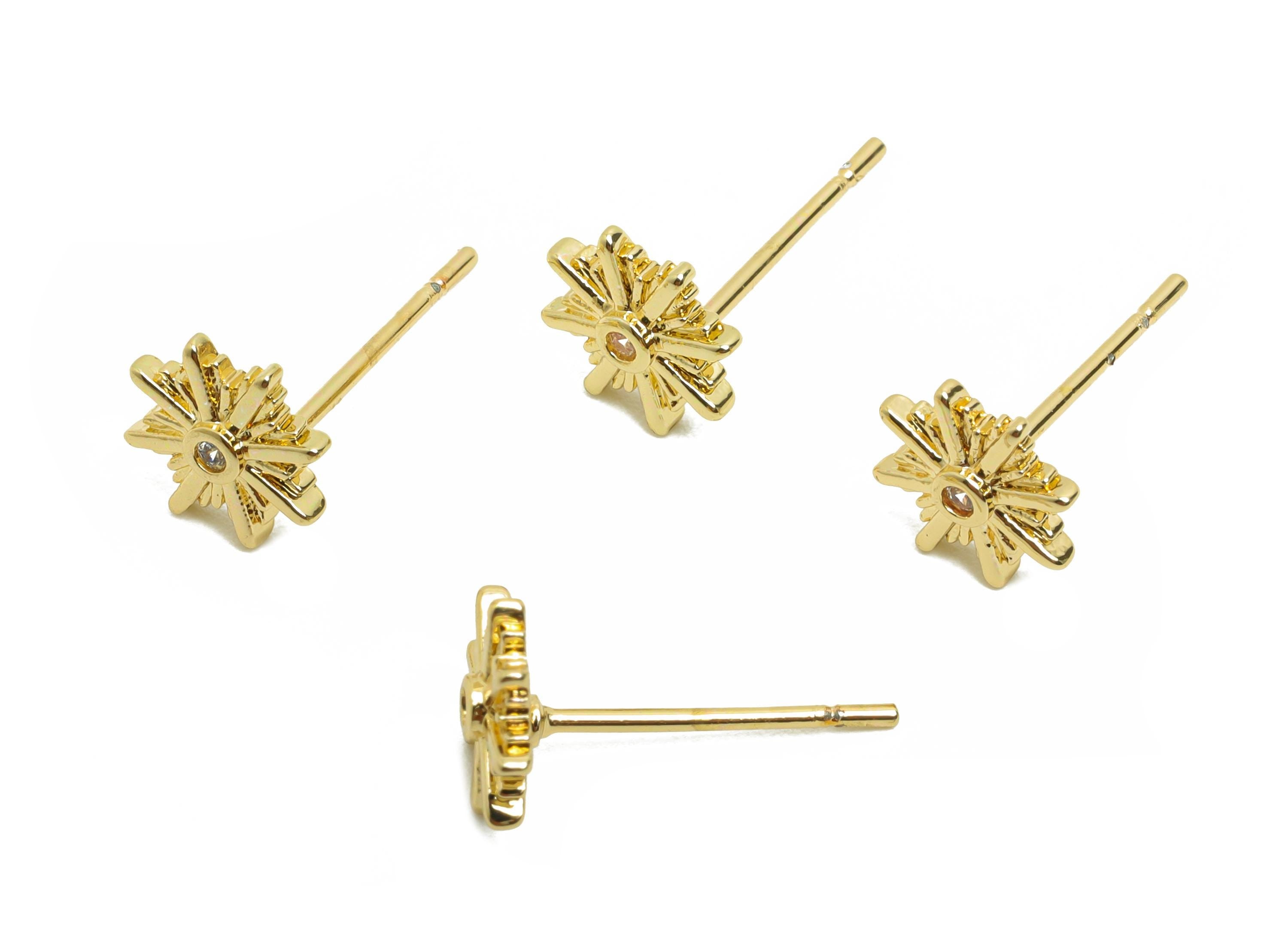 Brass Snowflake Earring Post - Brass Zircon Earring Stud - Flower Earring Stud - Gold Jewelry - 18K Real Gold Plating - 14.3x7x2mm - RGP8402 - DOMEDBAZAAR