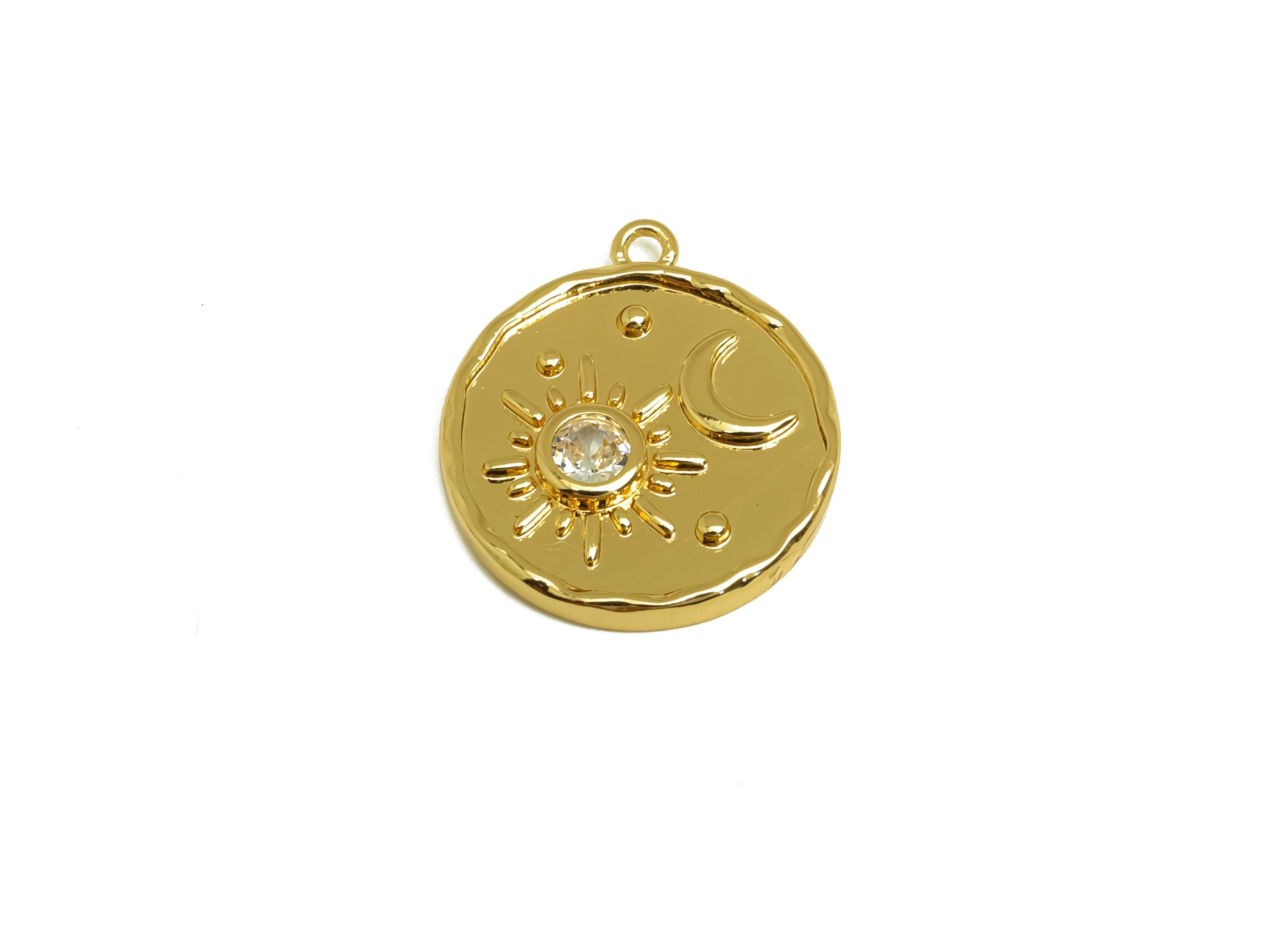 Brass CZ Earring Charms - Brass Cubic Zircon Crescent Pendant - Textured Sunshine Charms - 18K Real Gold Plating - 19.2x17x2mm - RGP8185 - DOMEDBAZAAR