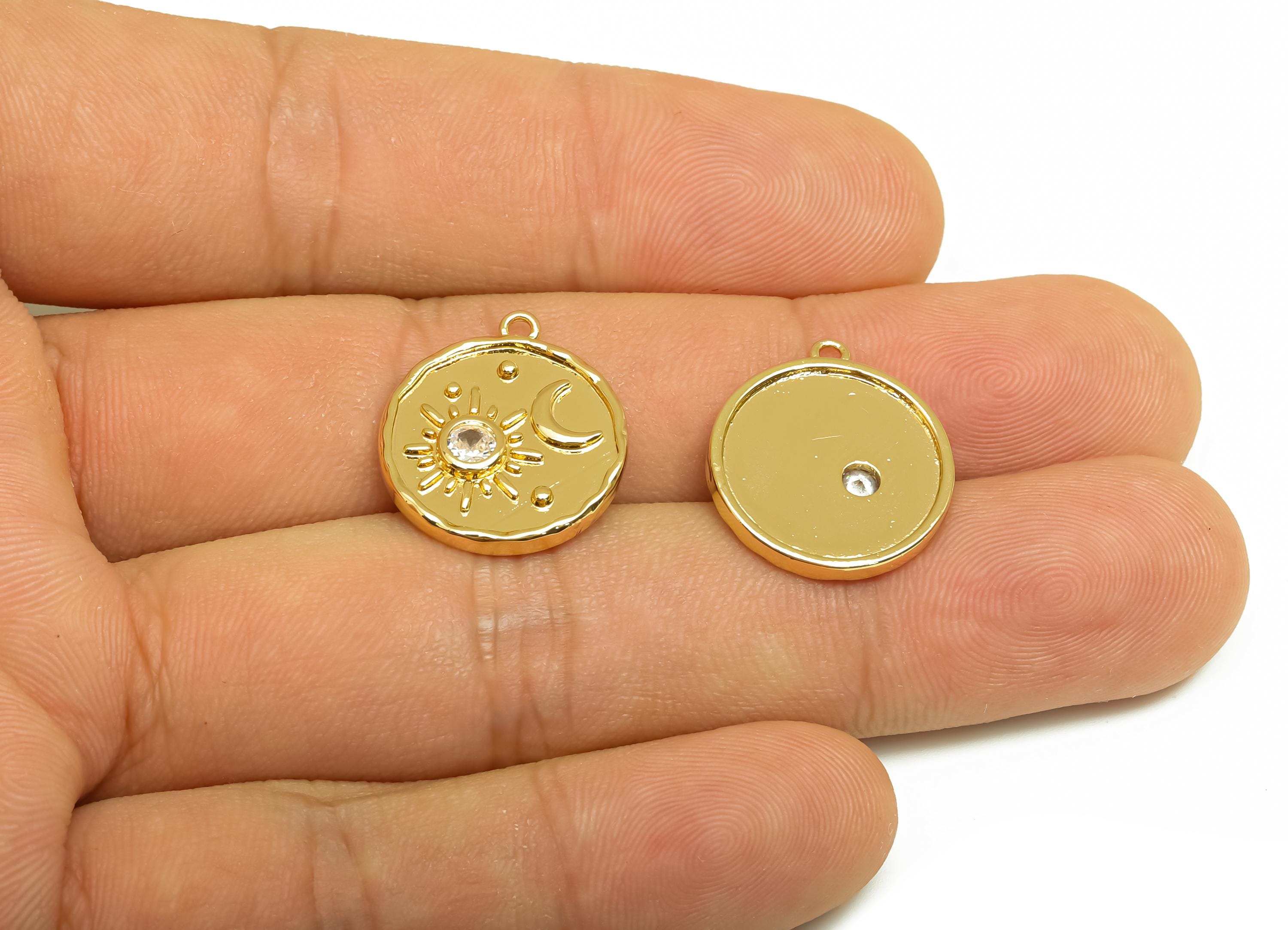 Brass CZ Earring Charms - Brass Cubic Zircon Crescent Pendant - Textured Sunshine Charms - 18K Real Gold Plating - 19.2x17x2mm - RGP8185 - DOMEDBAZAAR