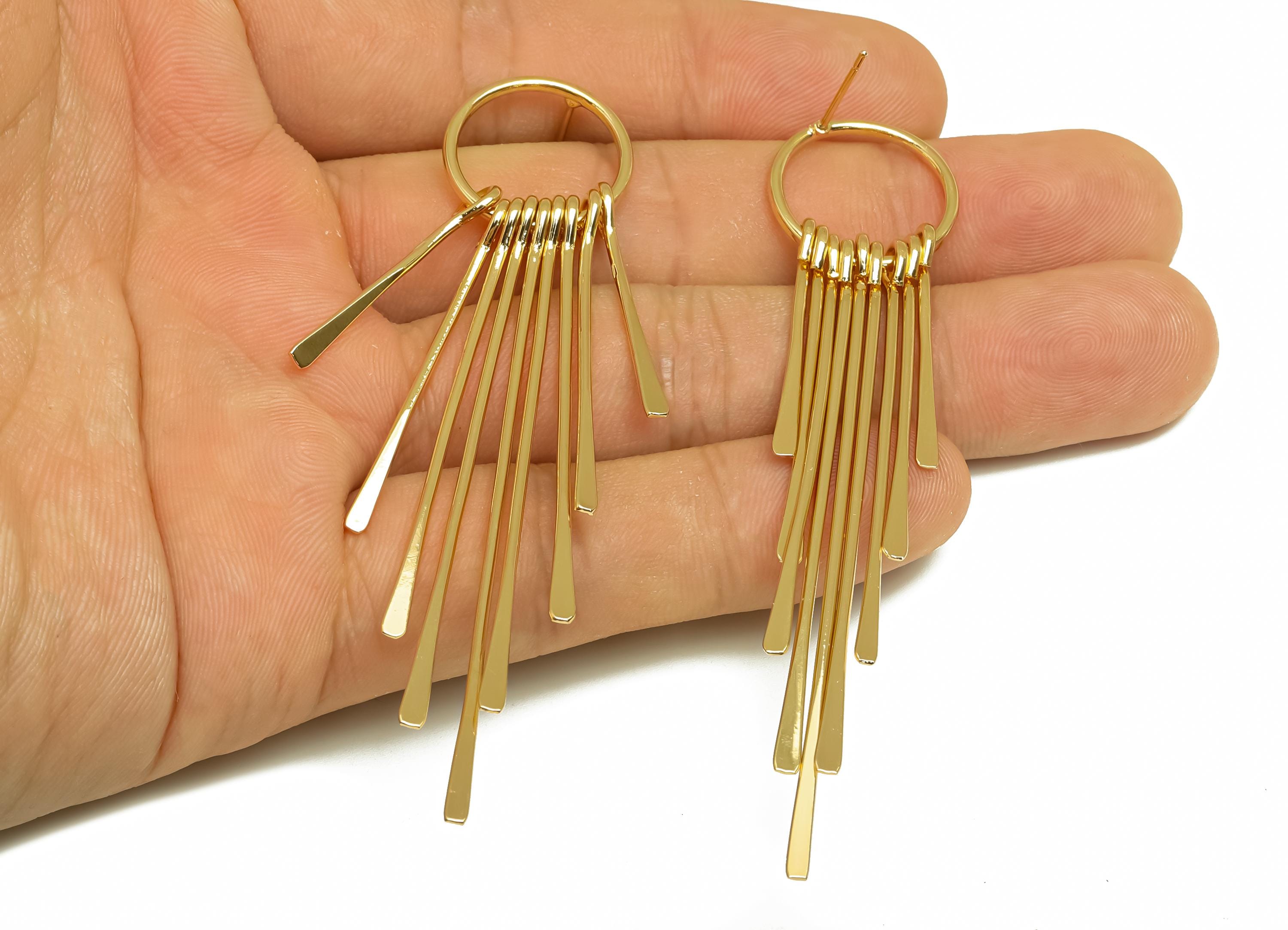 Hammered Tassel Earring Stud - Brass Dangle Tassel Wire Earring Post - Tassel Earring Post - 18K Real Gold Plating - 83x17x1.39mm - RGP8174 - DOMEDBAZAAR