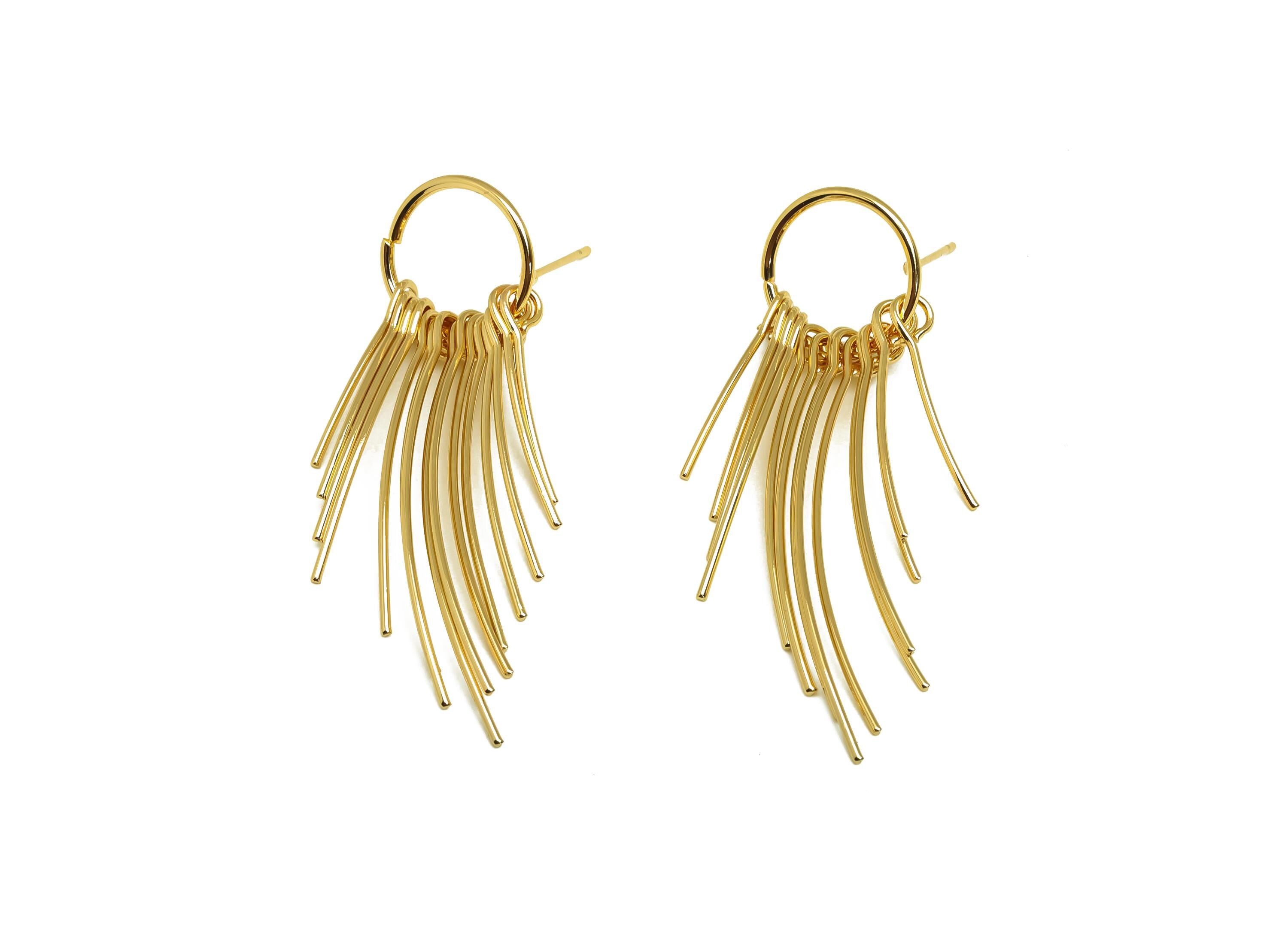 Brass Tassel Earring Stud - Brass Dangle Tassel Wire Earring Post - 13 Bent Tassel Earring Post - 18K Real Gold Plating - 56x14x1mm -RGP8170 - DOMEDBAZAAR