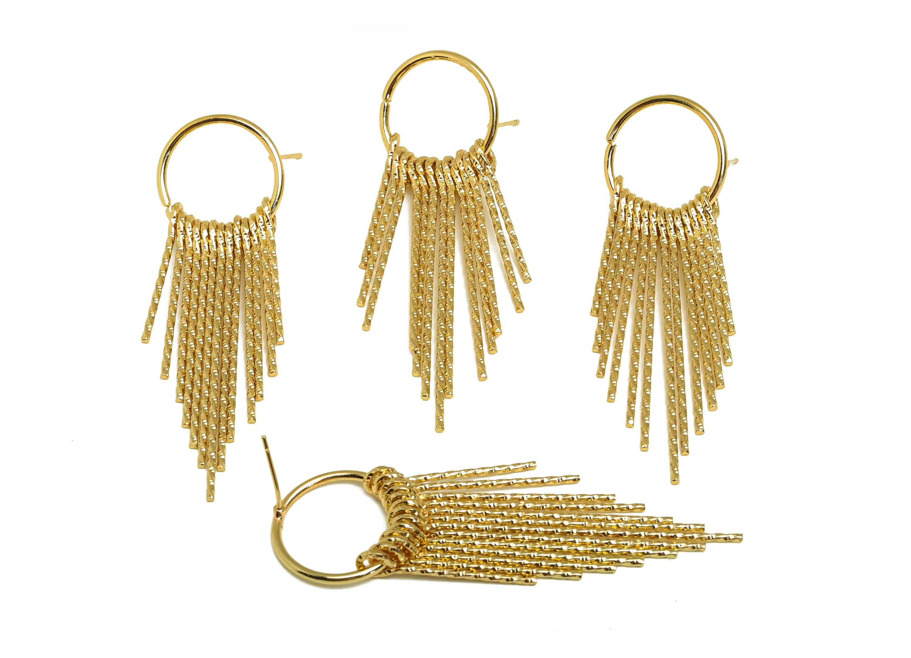 Brass Tassel Earring Stud - Brass Dangle Tassel Wire Earring Post - Textured Tassel Earring Post - 18K Real Gold Plating - 63x19x1mm-RGP8177 - DOMEDBAZAAR