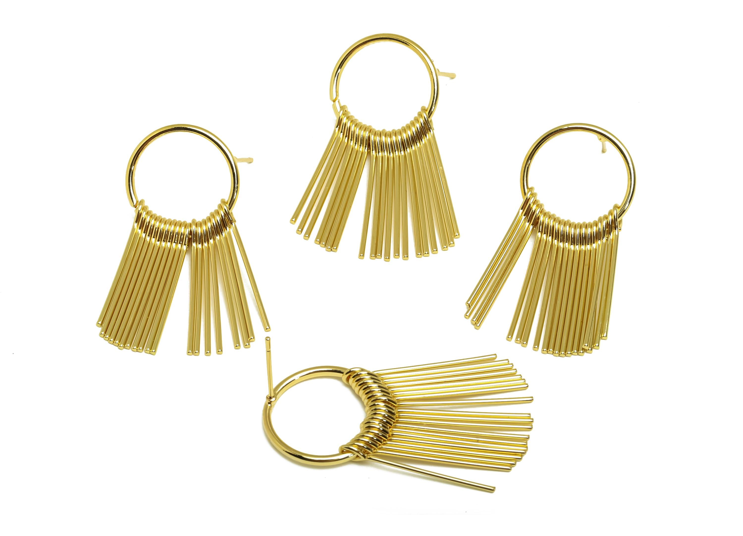 Brass Tassel Earring Stud - Brass Dangle Tassel Wire Earring Post - 19 Wire Tassel Earring Post - 18K Real Gold Plating - 39x17x1mm -RGP8179 - DOMEDBAZAAR