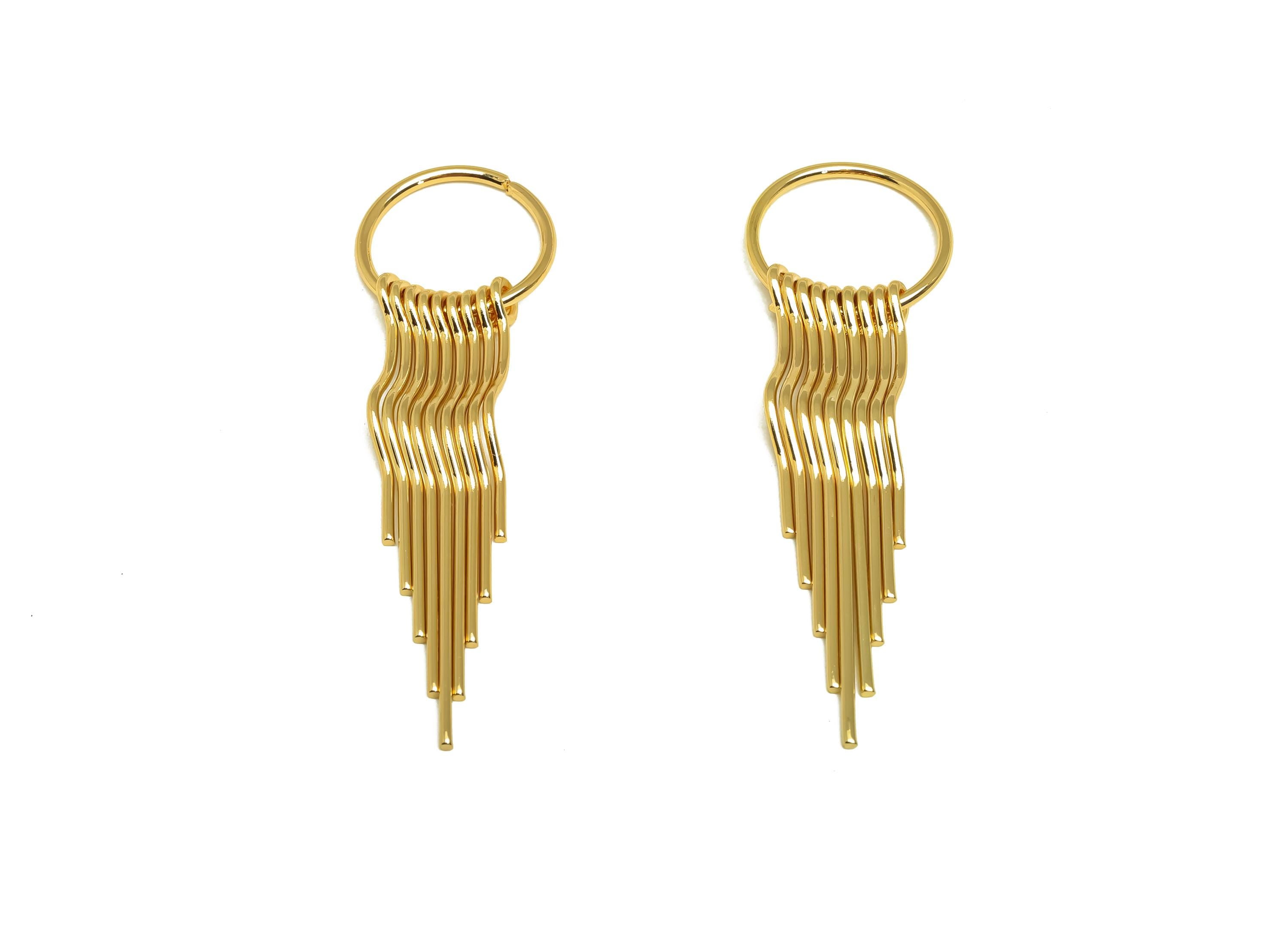 Brass Tassel Earring Charm - Brass Dangle Tassel Wire Earring Charm - Wavy Earring Charm - 18K Real Gold Plating - 66x20x1.39mm - RGP8172 - DOMEDBAZAAR