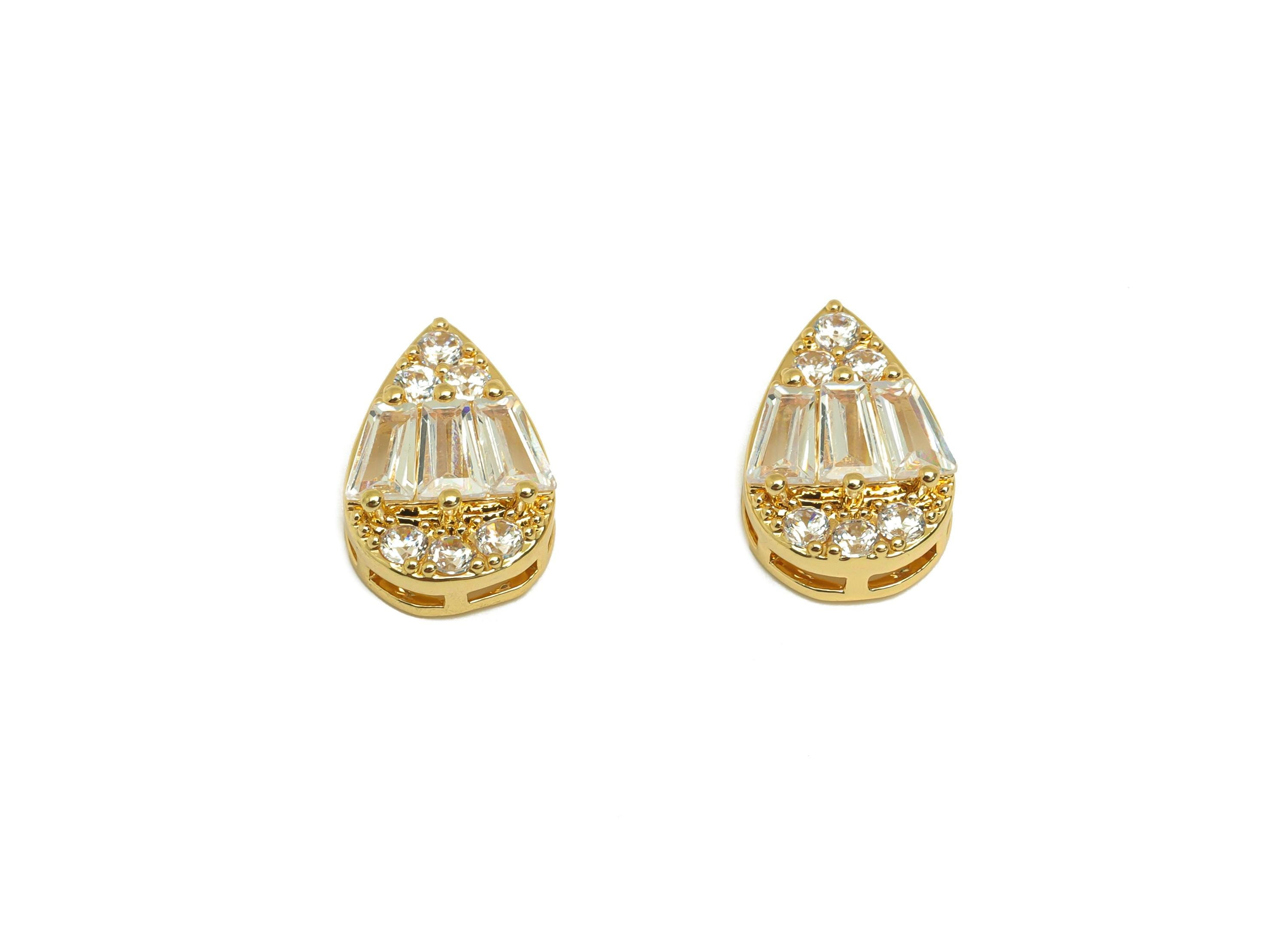 Gold Teardrop Zircon Beads - Brass Drop Bracelet Spacer Beads - CZ Teardrop Necklace Beads - 18K Real Gold Plating - 13.5x9x4.8mm - RGP7685 - DOMEDBAZAAR