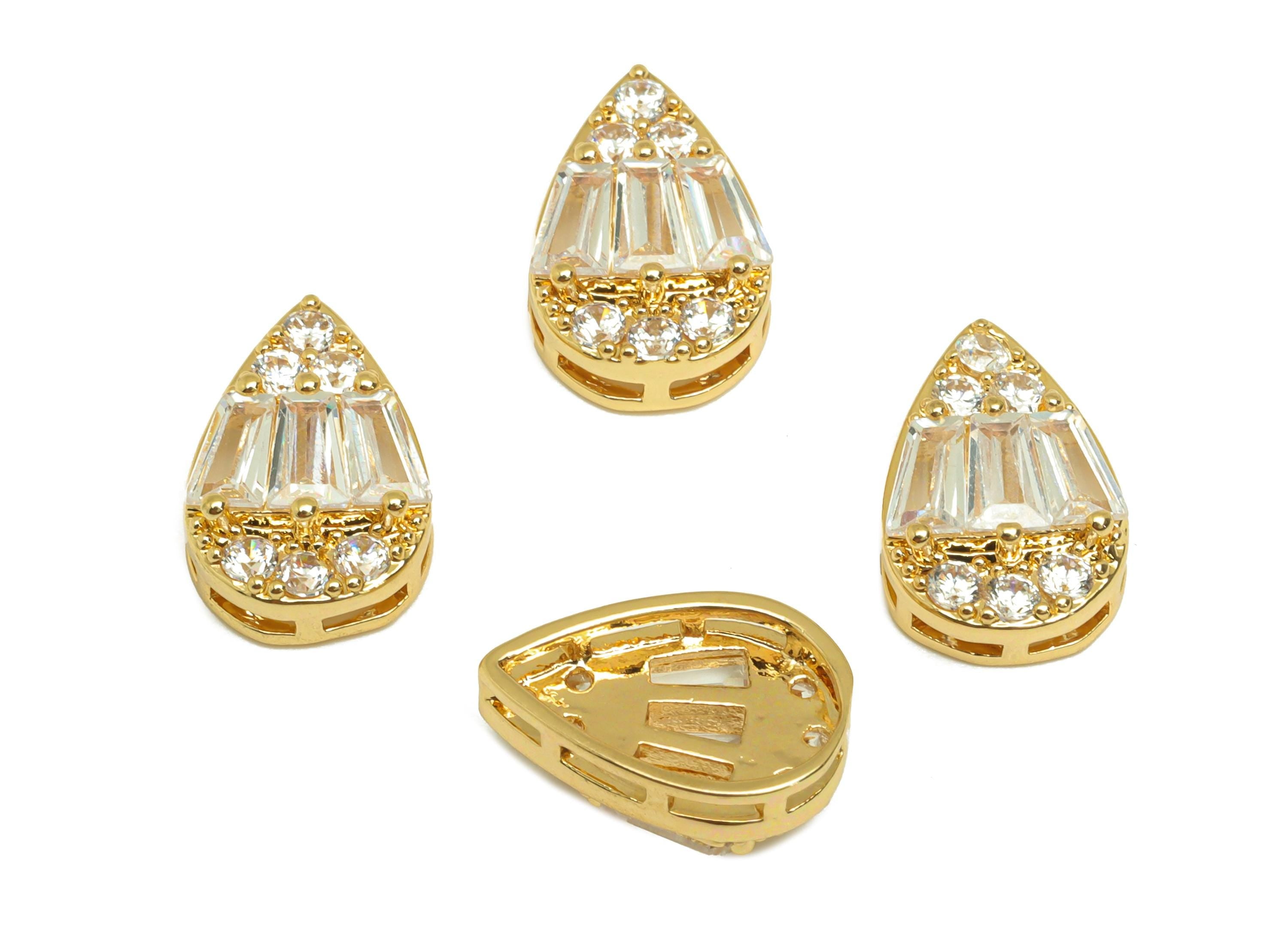 Gold Teardrop Zircon Beads - Brass Drop Bracelet Spacer Beads - CZ Teardrop Necklace Beads - 18K Real Gold Plating - 13.5x9x4.8mm - RGP7685 - DOMEDBAZAAR