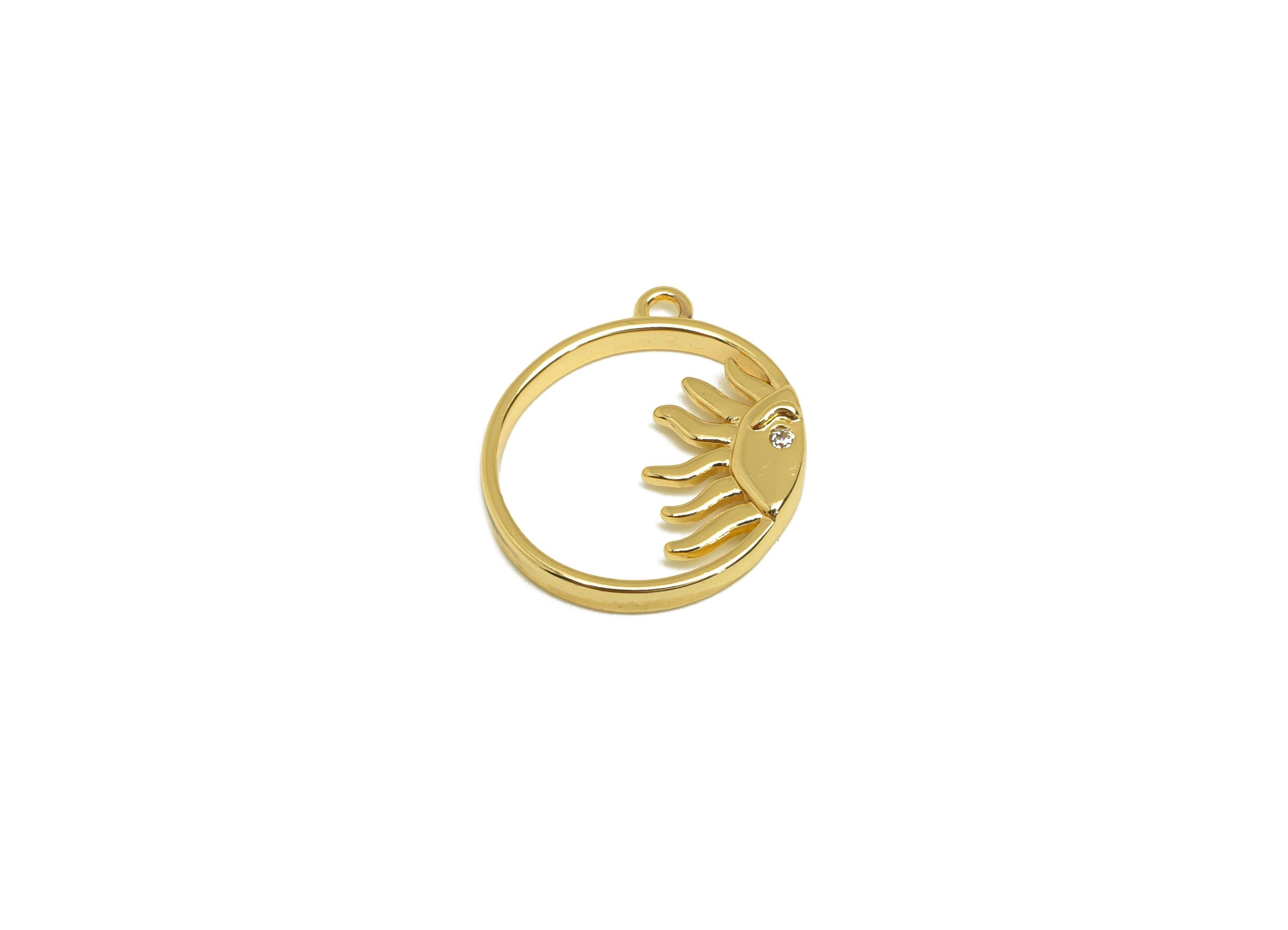 Brass Round Earring Charms - Gold Zircon Sunshine Pendant - CZ Round Half Sun Charms - 18K Real Gold Plating - 17.4x14.6x1.85mm - RGP7686 - DOMEDBAZAAR