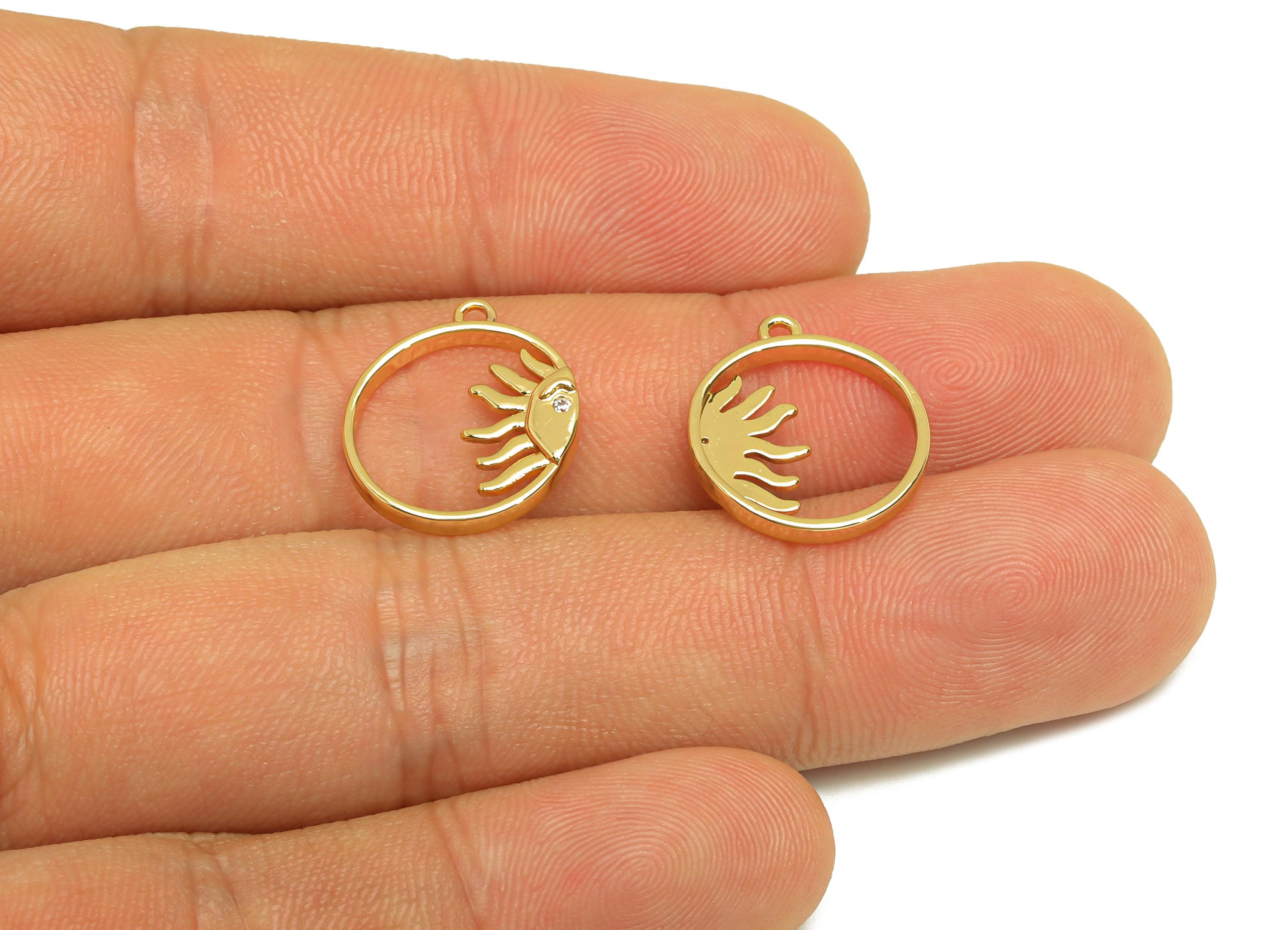 Brass Round Earring Charms - Gold Zircon Sunshine Pendant - CZ Round Half Sun Charms - 18K Real Gold Plating - 17.4x14.6x1.85mm - RGP7686 - DOMEDBAZAAR