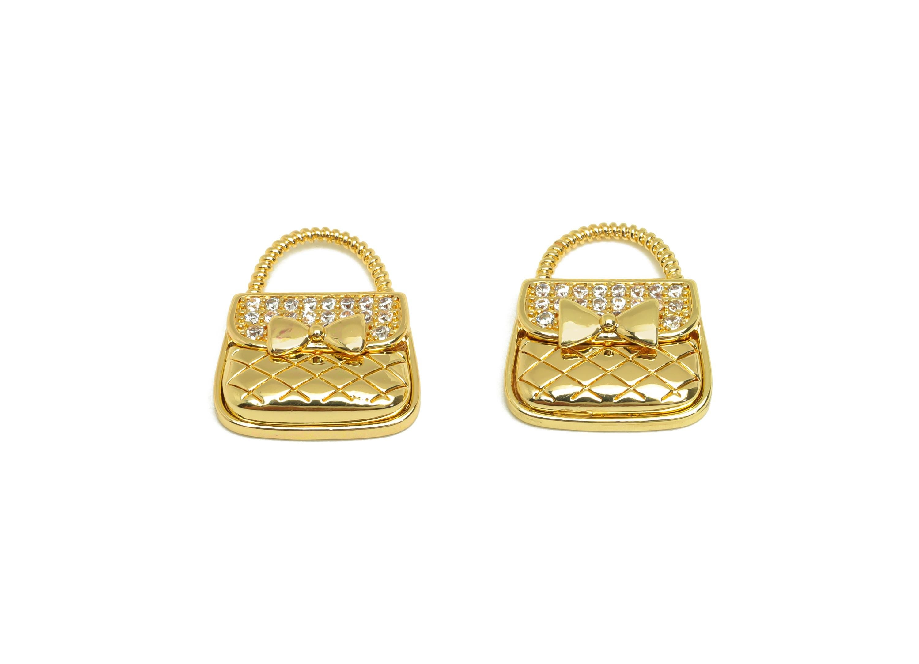 Brass Bag Earring Charms - Gold Cubic Zircon Handbag Pendant - Textured CZ Bag Charms - 18K Real Gold Plating - 15.6x18.6x4.1mm - RGP7688 - DOMEDBAZAAR