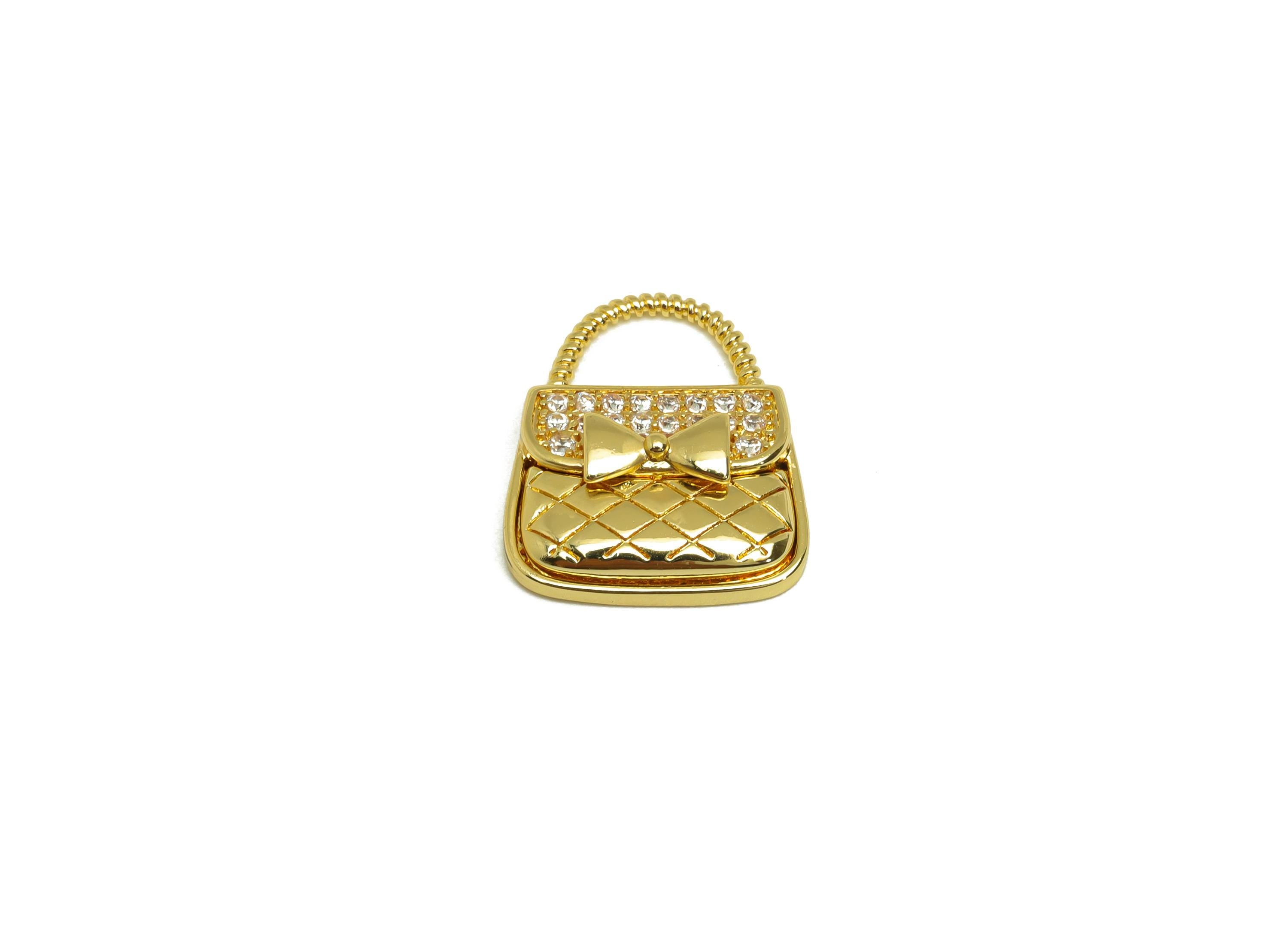 Brass Bag Earring Charms - Gold Cubic Zircon Handbag Pendant - Textured CZ Bag Charms - 18K Real Gold Plating - 15.6x18.6x4.1mm - RGP7688 - DOMEDBAZAAR