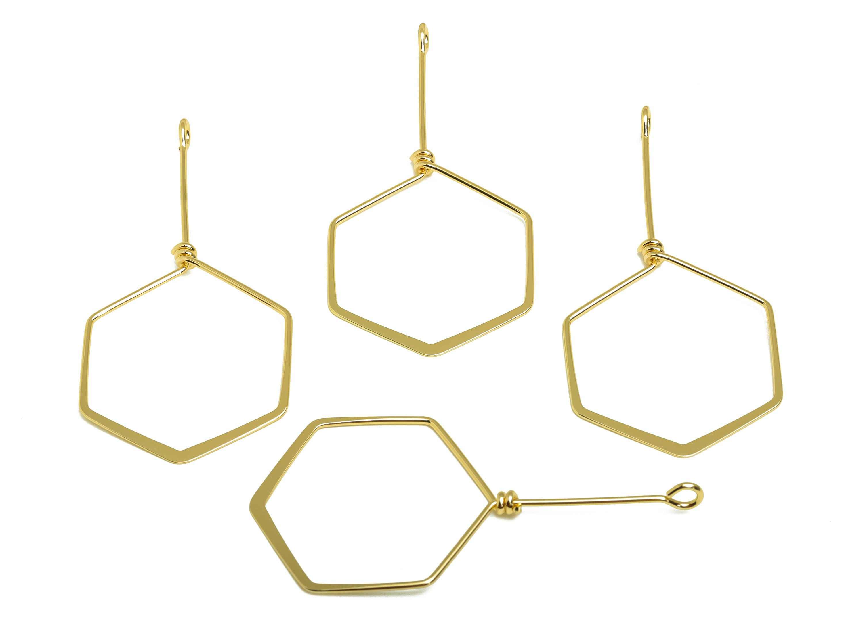 Brass Wire Hexagon Earring Charm - Brass Hammered Wire Earring Charm - Geometry Wire Charm - 18K Real Gold Plating - 59x30x0.9mm -RGP8167 - DOMEDBAZAAR