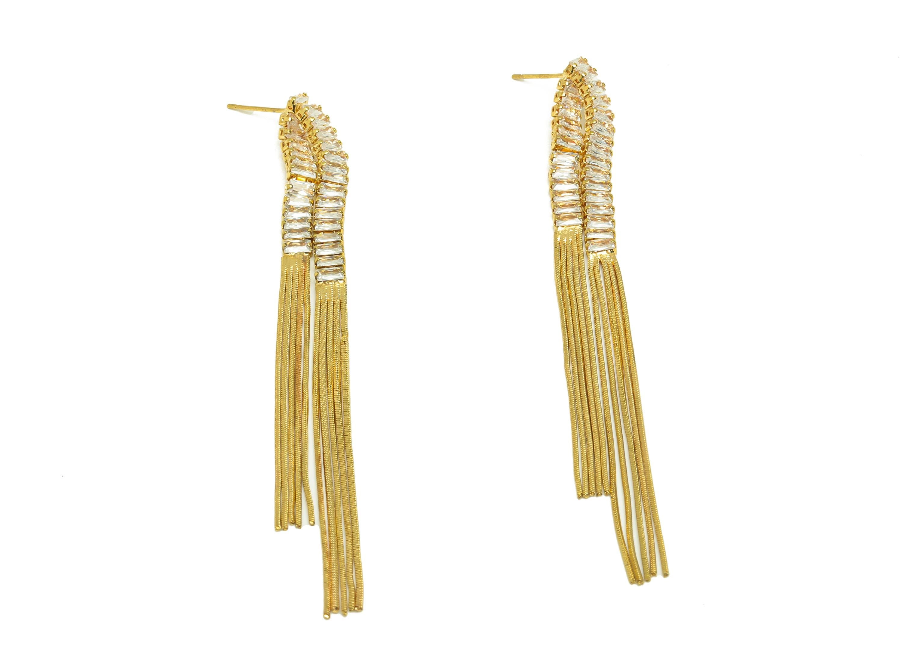 Brass Tassel Chian Ear - Rectangle Zircon Snake Chian Ear Post - Gold Snake Chian Tassel Earring Stud - 18K Real Gold Plated - 95mm -RGP7690 - DOMEDBAZAAR