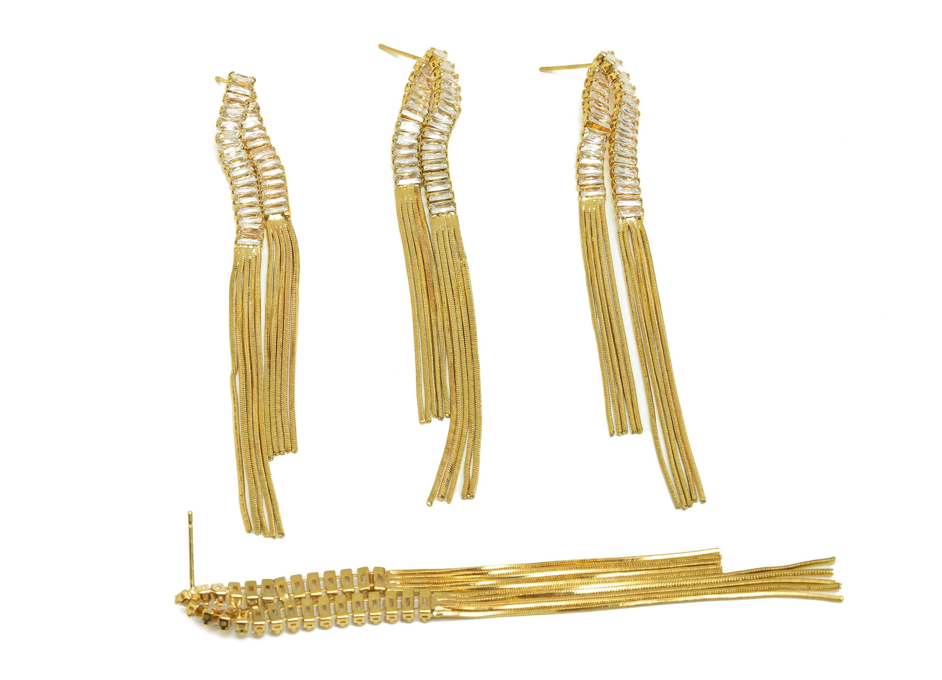 Brass Tassel Chian Ear - Rectangle Zircon Snake Chian Ear Post - Gold Snake Chian Tassel Earring Stud - 18K Real Gold Plated - 95mm -RGP7690 - DOMEDBAZAAR
