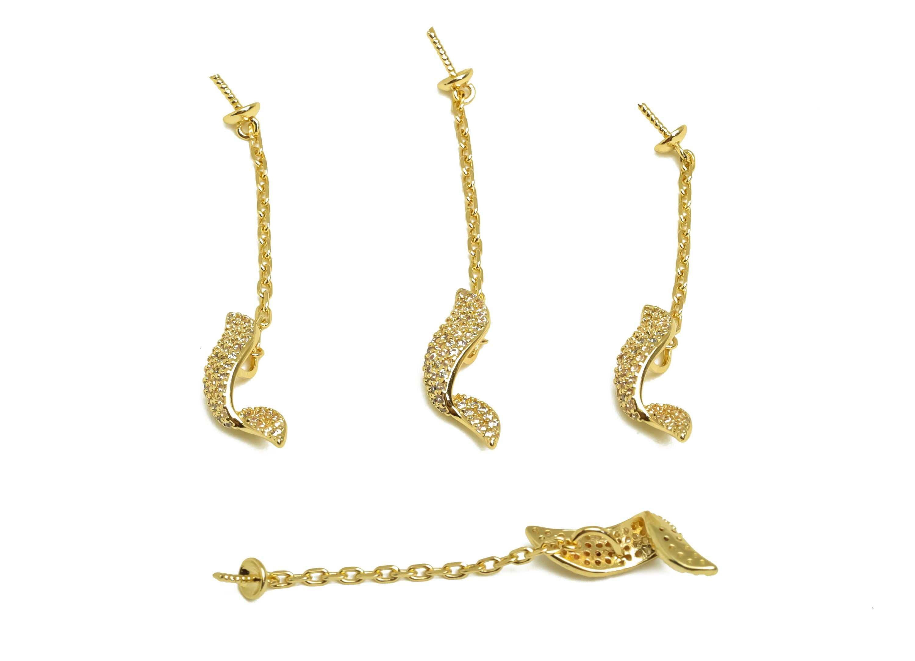 Brass CZ Wavy Earring Wire - Cubic Zircon Twisted Chain Earring - Pearl Setting For Earring - 18K Real Gold Plating - 44x4x4.64mm - RGP8149 - DOMEDBAZAAR
