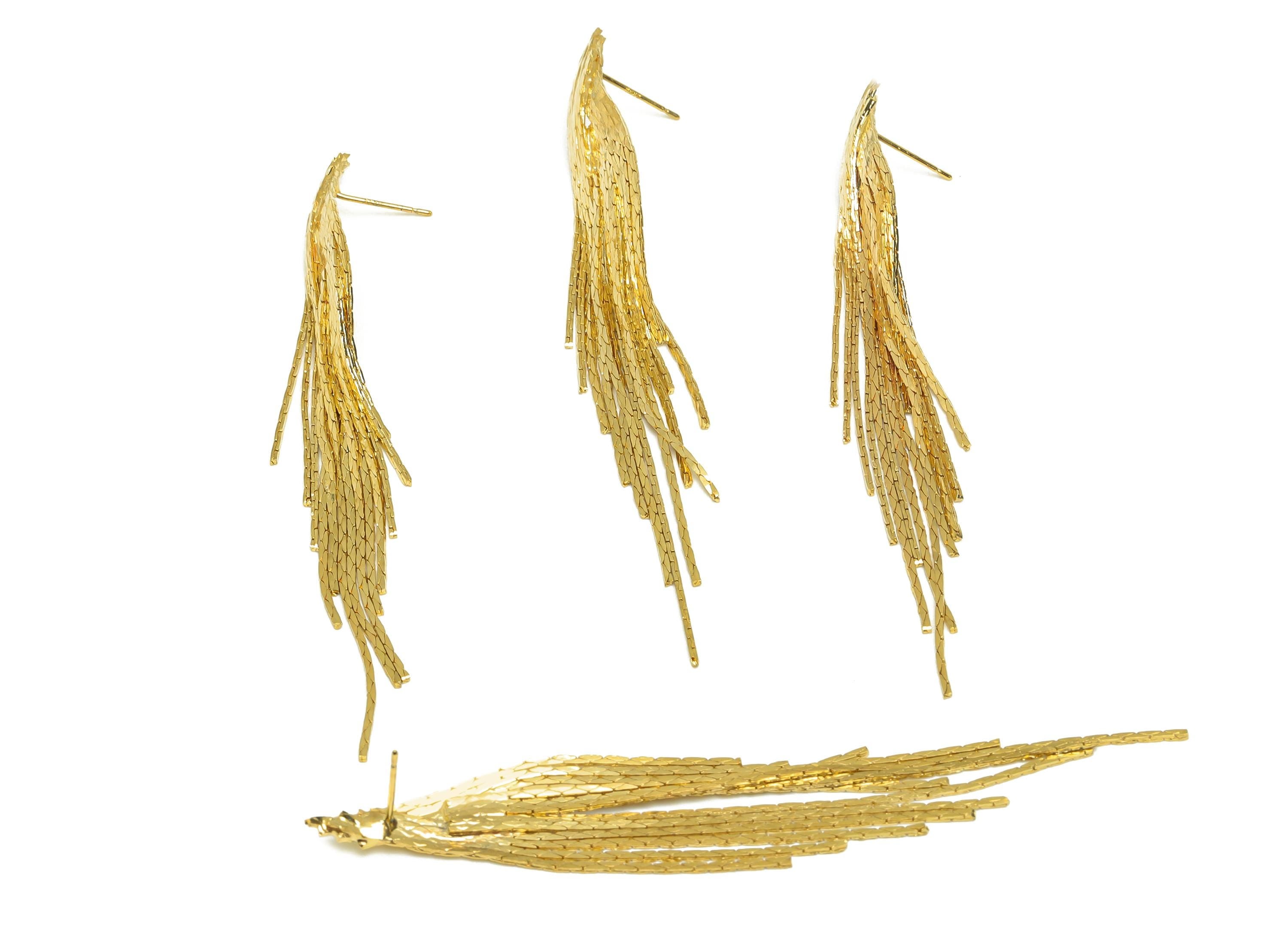 Brass Snake Chain Earring - Gold Long Chain Tassel Earring Stud - Textured Snake Chain Earring Post - 18K Real Gold Plating - 93mm - RGP7691 - DOMEDBAZAAR