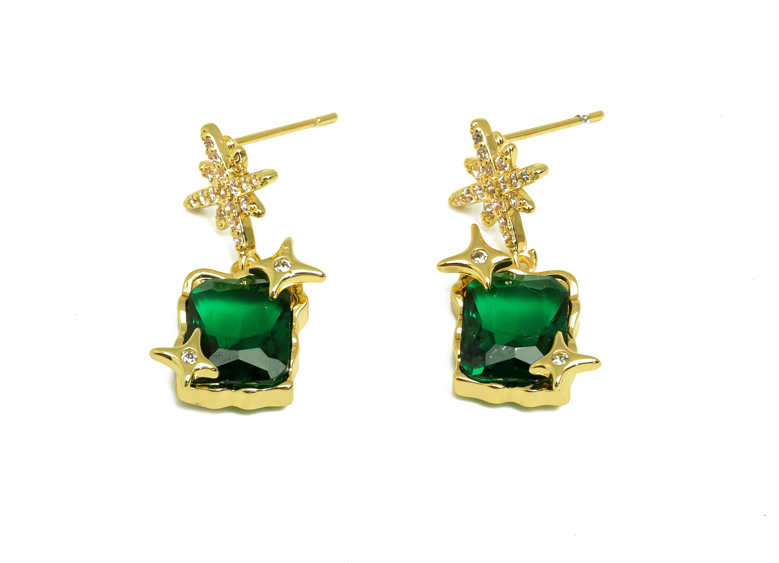 Brass CZ Earring Stud - Brass Dangle Cubic Zircon Earring Post - Star Green CZ Earring Post - 18K Real Gold Plating -25x12x5mm - RGP8152 - DOMEDBAZAAR