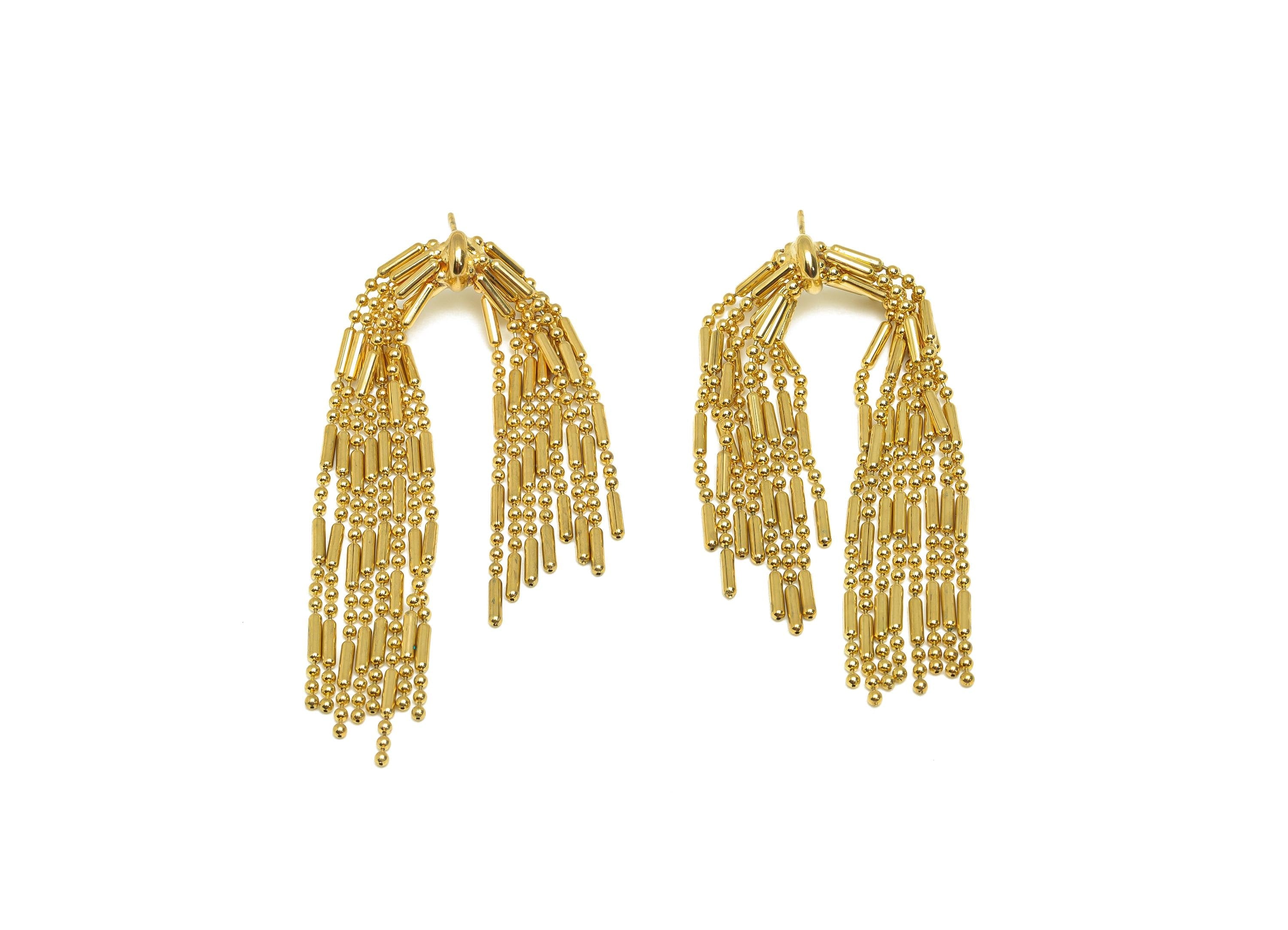 Brass Beads Chain Ear - Gold Cylinder Chain Tassel Earring Stud - Cylinder Beads Chain Earring Post - 18K Real Gold Plating - 70mm - RGP7696 - DOMEDBAZAAR