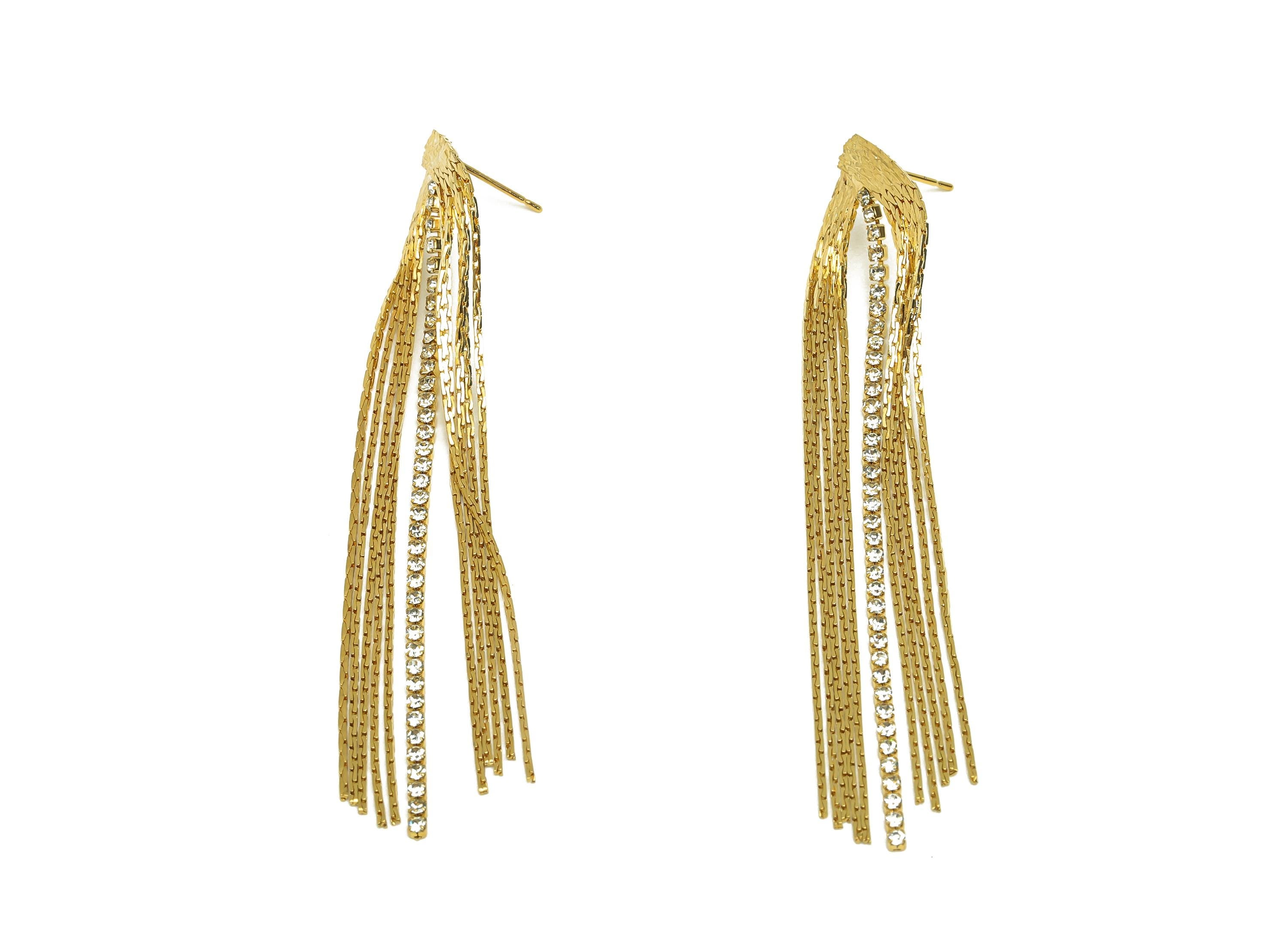 Brass Tassel Chian Earring - Zircon Snake Chian Earring Post - Gold Snake Chian Tassel Earring Stud - 18K Real Gold Plated - 82mm - RGP7697 - DOMEDBAZAAR
