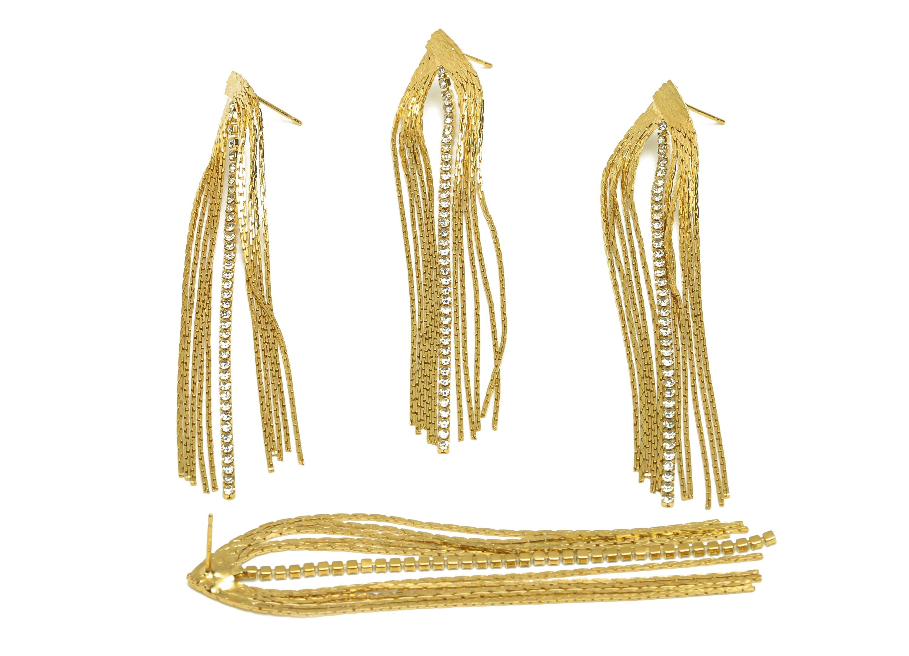 Brass Tassel Chian Earring - Zircon Snake Chian Earring Post - Gold Snake Chian Tassel Earring Stud - 18K Real Gold Plated - 82mm - RGP7697 - DOMEDBAZAAR
