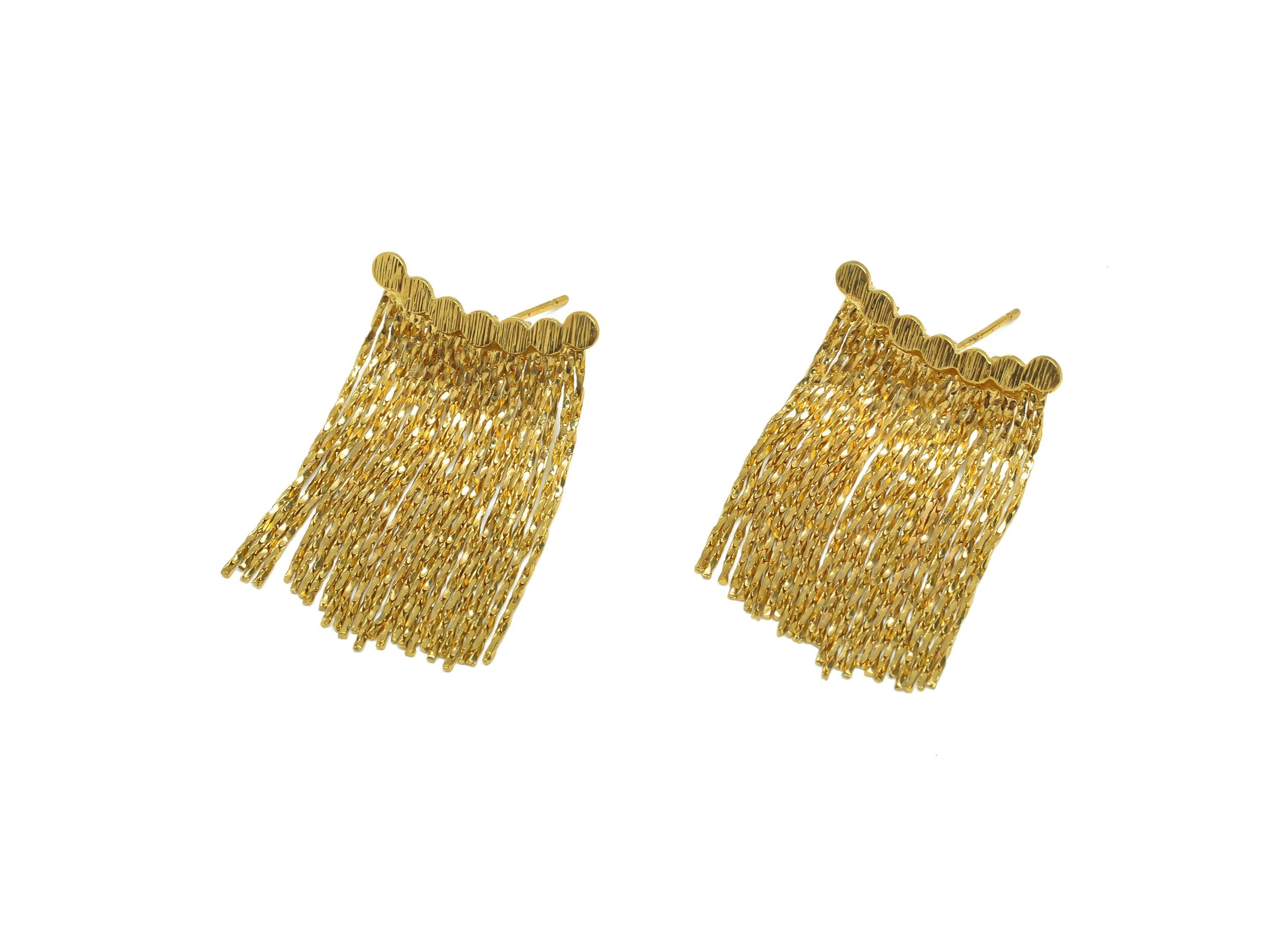 Brass Snake Chain Earring - Gold Beads Bar Tassel Earring Stud - Textured Curved Snake Chain Ear Post - 18K Real Gold Plated -30mm - RGP7699 - DOMEDBAZAAR