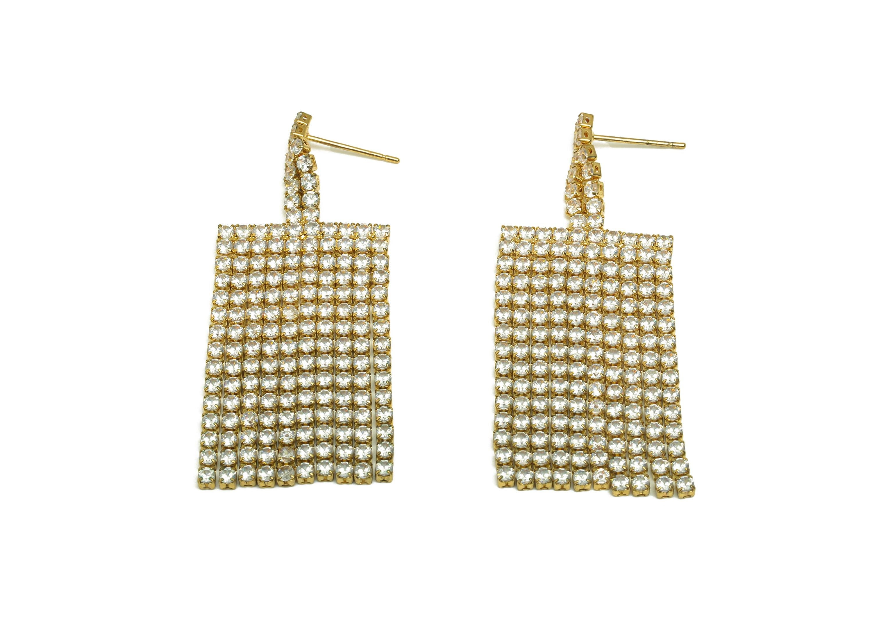 Brass Zircon Chian Earring - Cubic Zircon Chian Earring Post - Gold Zircon Chian Tassel Earring Stud - 18K Real Gold Plated - 54mm - RGP7702 - DOMEDBAZAAR