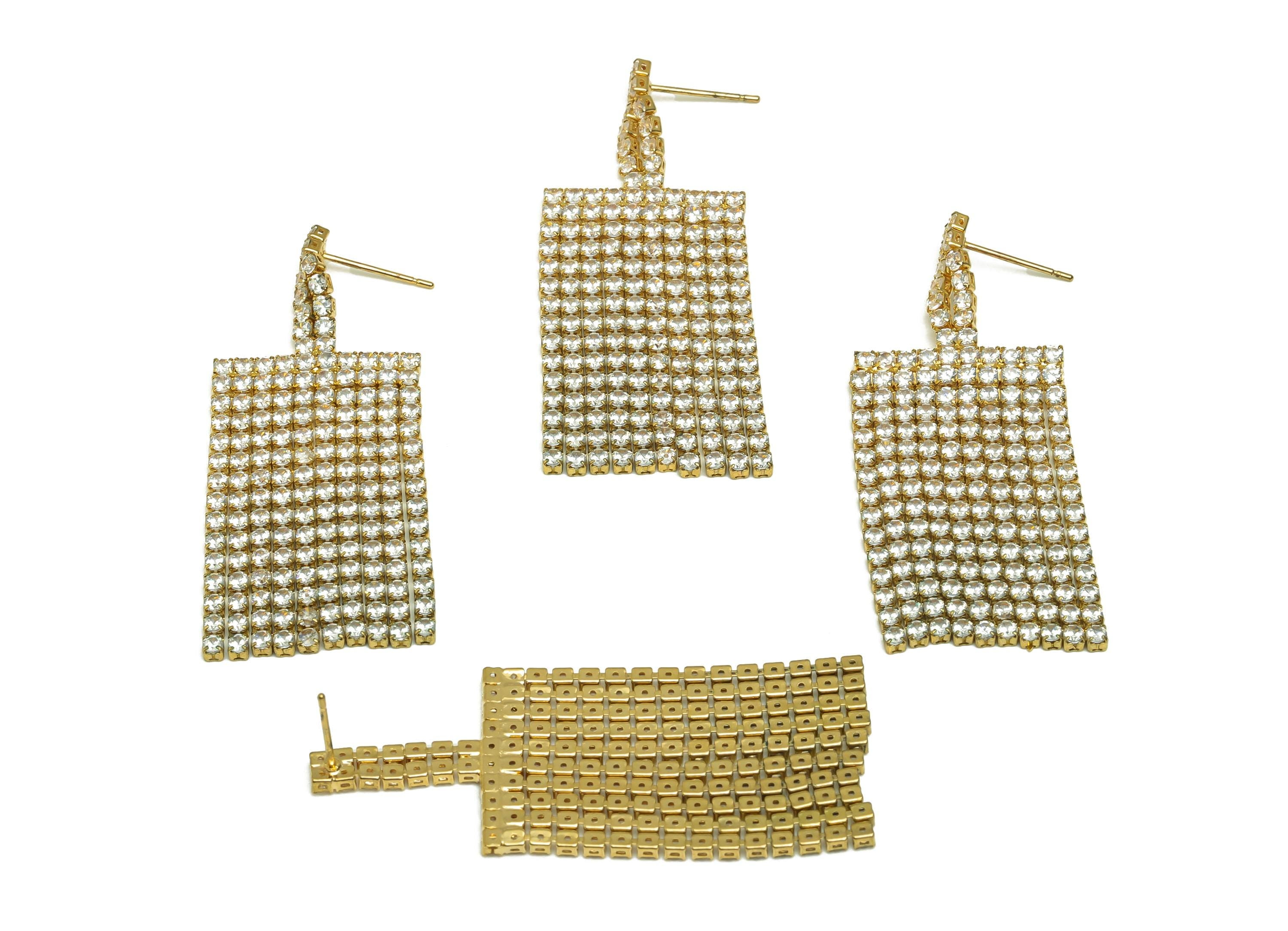 Brass Zircon Chian Earring - Cubic Zircon Chian Earring Post - Gold Zircon Chian Tassel Earring Stud - 18K Real Gold Plated - 54mm - RGP7702 - DOMEDBAZAAR