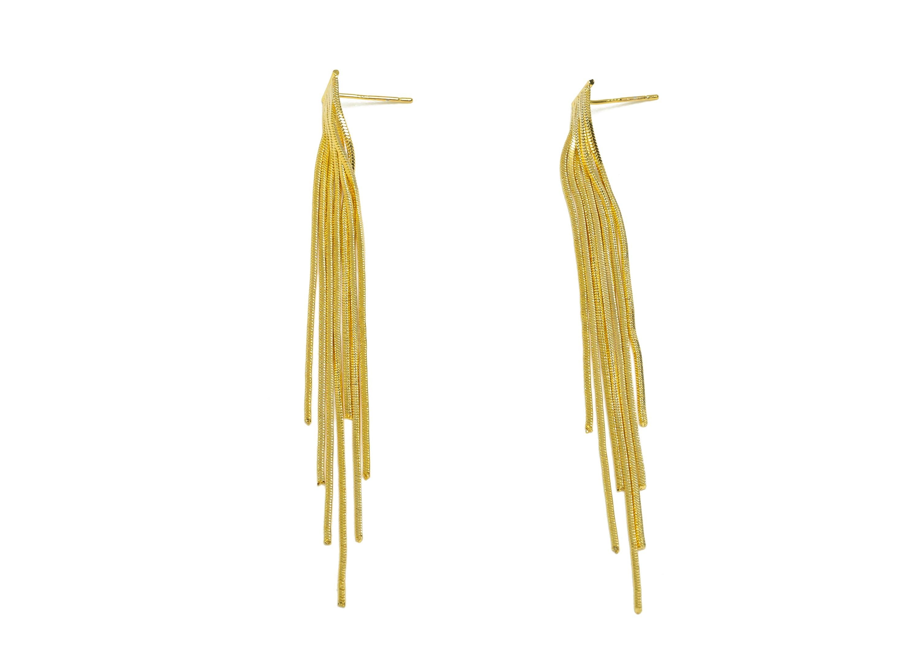 Brass Snake Chain Earring - Gold Long Chain Tassel Earring Stud - Snake Chain Tassel Earring Post - 18K Real Gold Plating - 100mm - RGP7704 - DOMEDBAZAAR